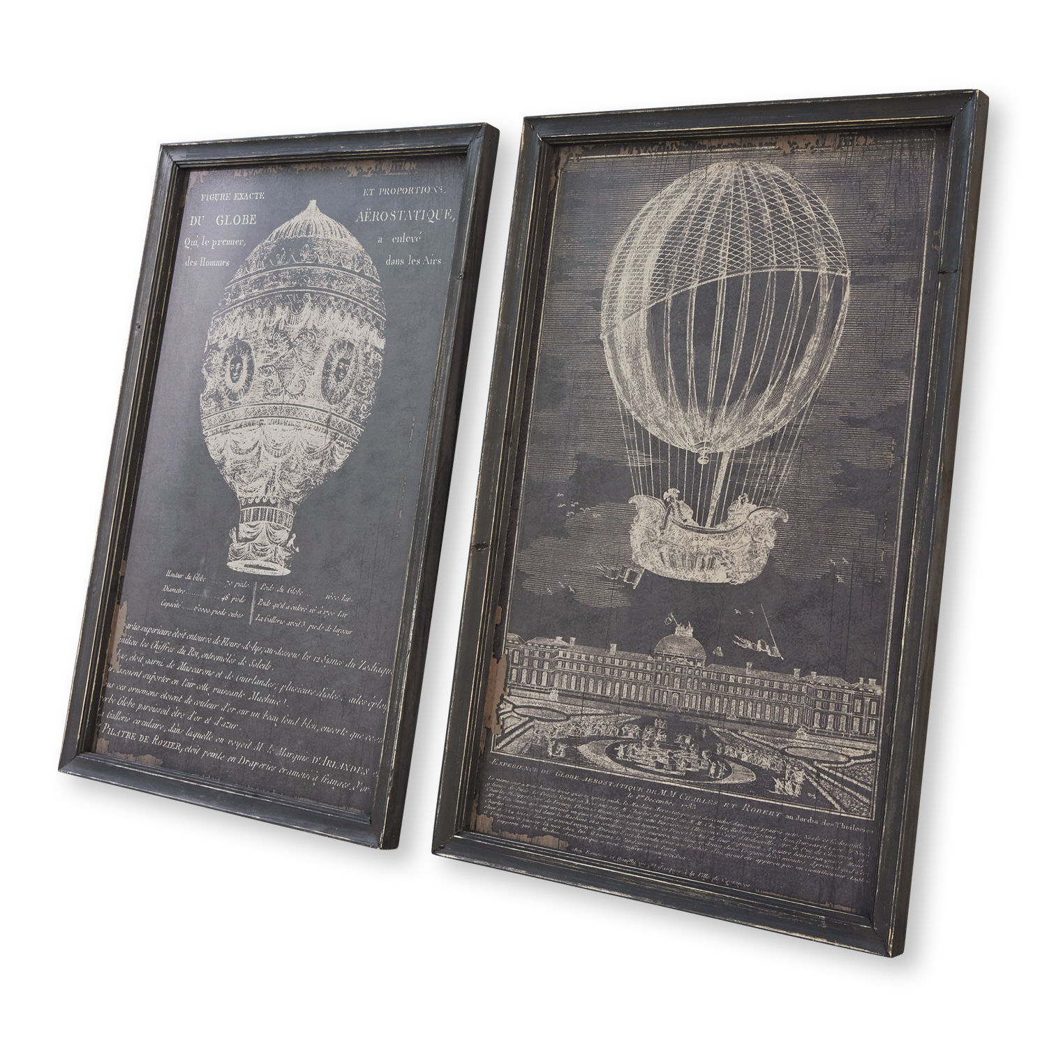 Bild 2er Set Ortarsis Set aus zwei schwarzen Vintage-Bildern mit weißen Heißluftballonzeichnungen für Wanddekoration