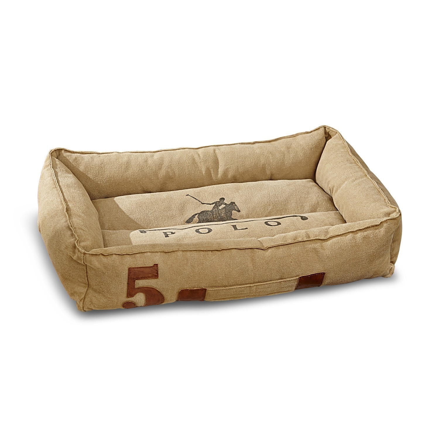 Beiges Hundebett aus Stoff mit Polo-Aufdruck und Zahl 5, bequem und stilvoll