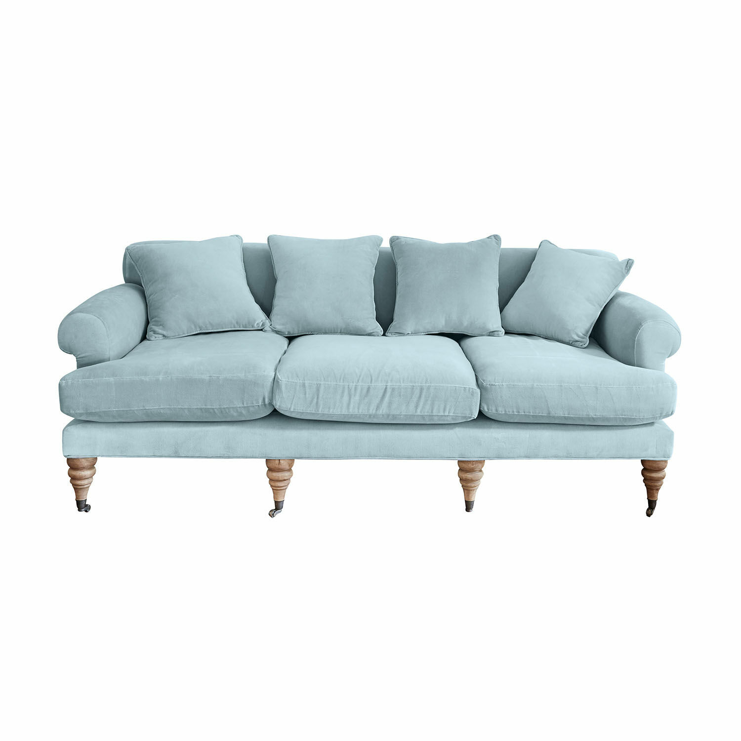 blau Blaues Kazimir Sofa aus weichem Stoff mit Kissen und gedrechselten Holzbeinen, bequem im Wohnzimmer
