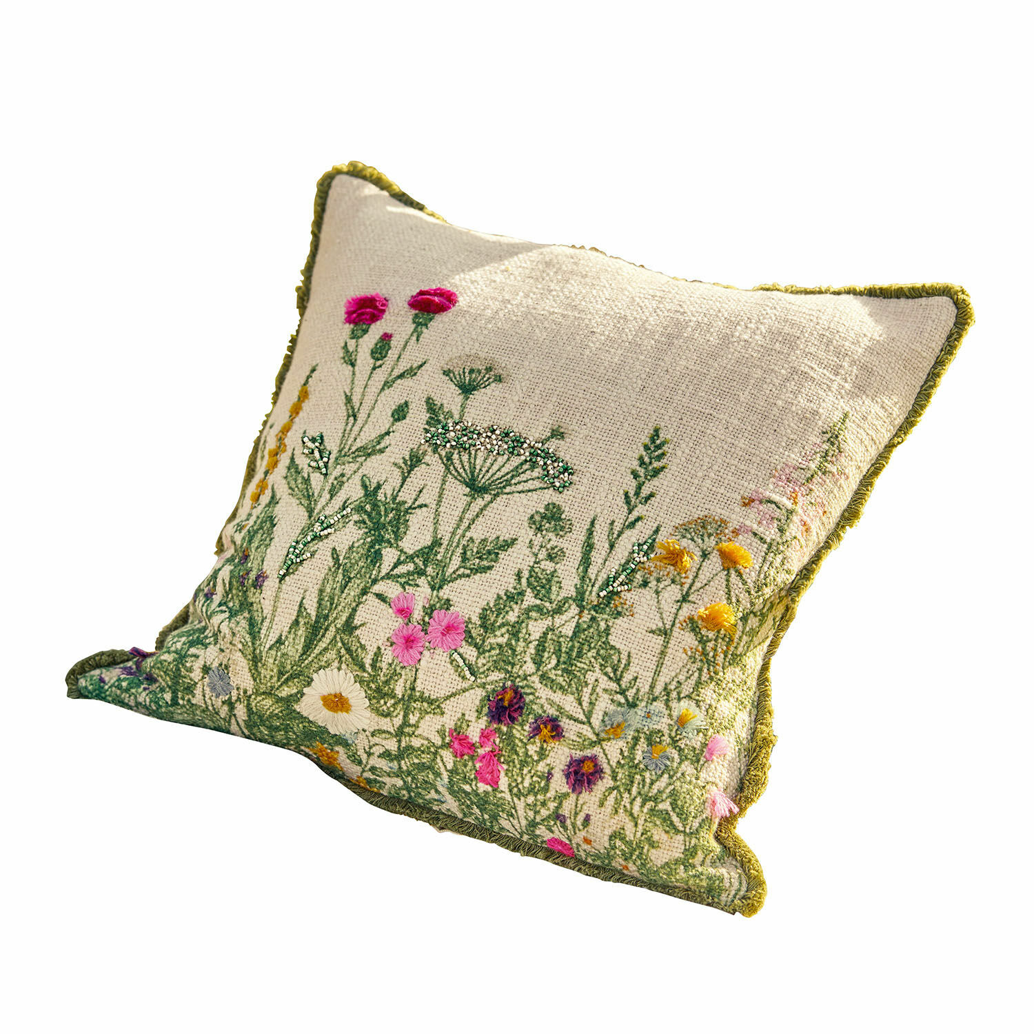 Kissenhülle Aranno Beige Kissen aus Stoff mit Stickerei wilder Blumen und grünem Rand, dekorativ für Wohnzimmer