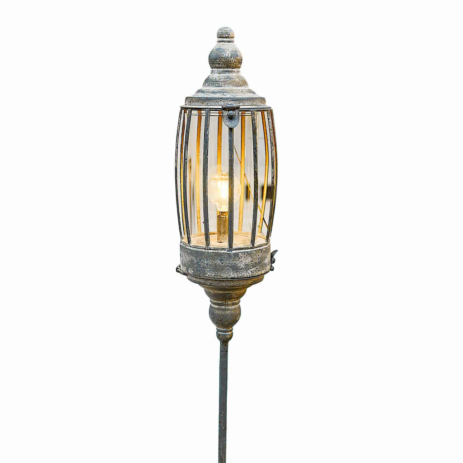 Wiederaufladbare LED-Laterne Lagia Dekorative Gartenlampe aus Metall in antik-silber mit sichtbarer Glühbirne und Gitterstäben