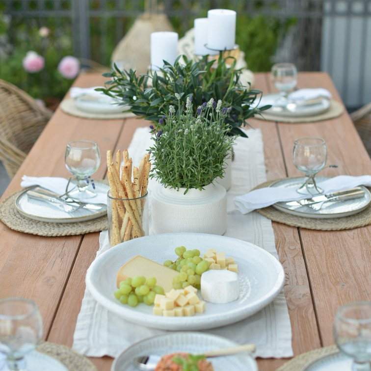 Holztisch mit weißem Geschirr, Käse, grünen Trauben und grüner Pflanzen-Dekoration für Outdoor-Essen