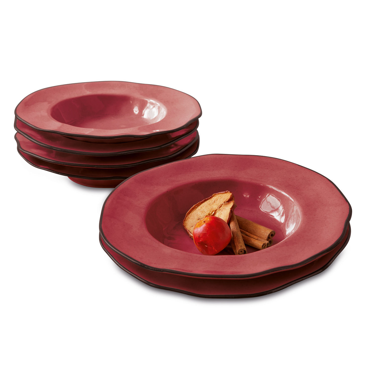 Suppenteller 6er Set Biarré Set aus roten Keramik-Suppentellern mit dekorativem Rand zum Servieren von Suppe