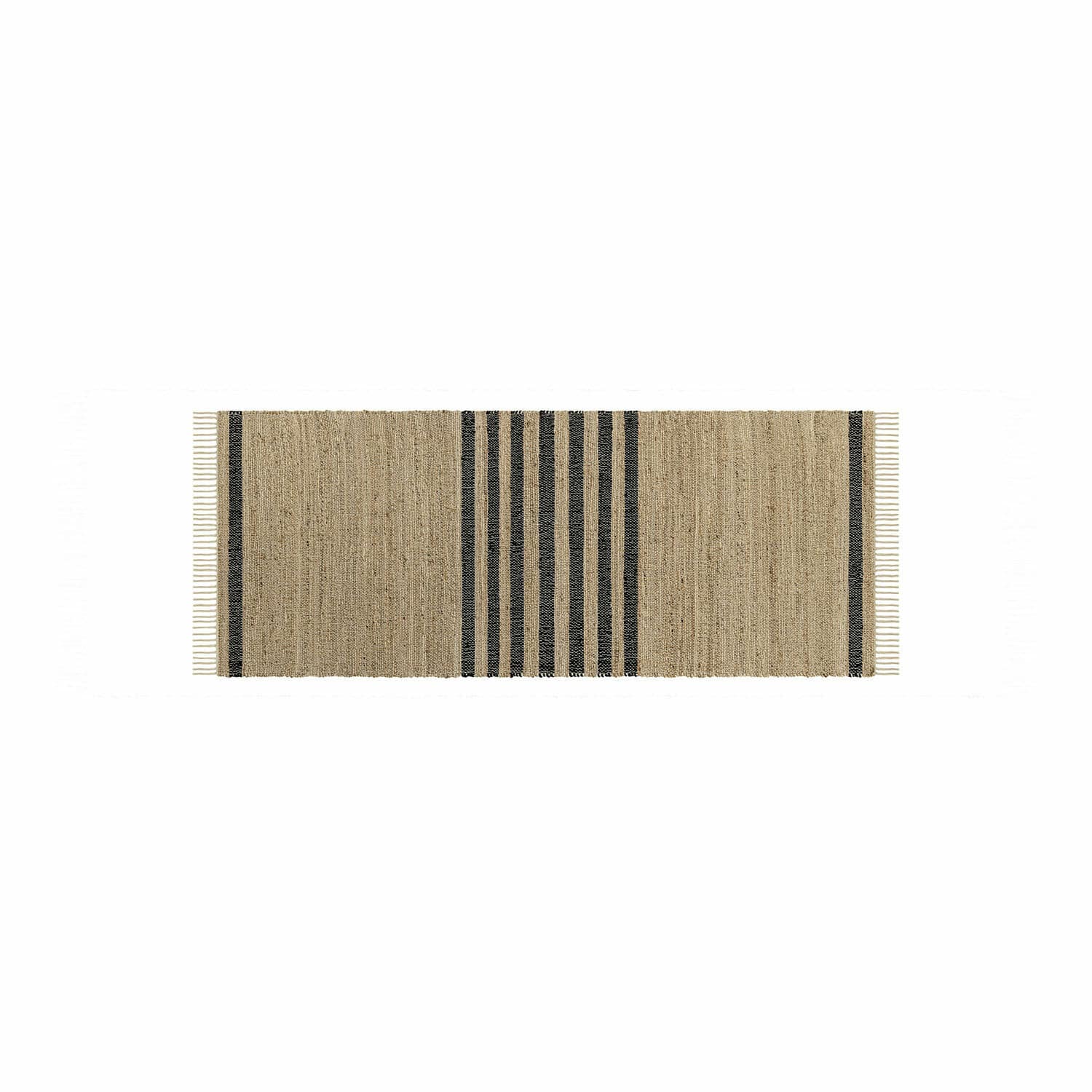 Beiger Jute-Teppich mit schwarzen Streifen und Fransen, natürlicher Bodenbelag