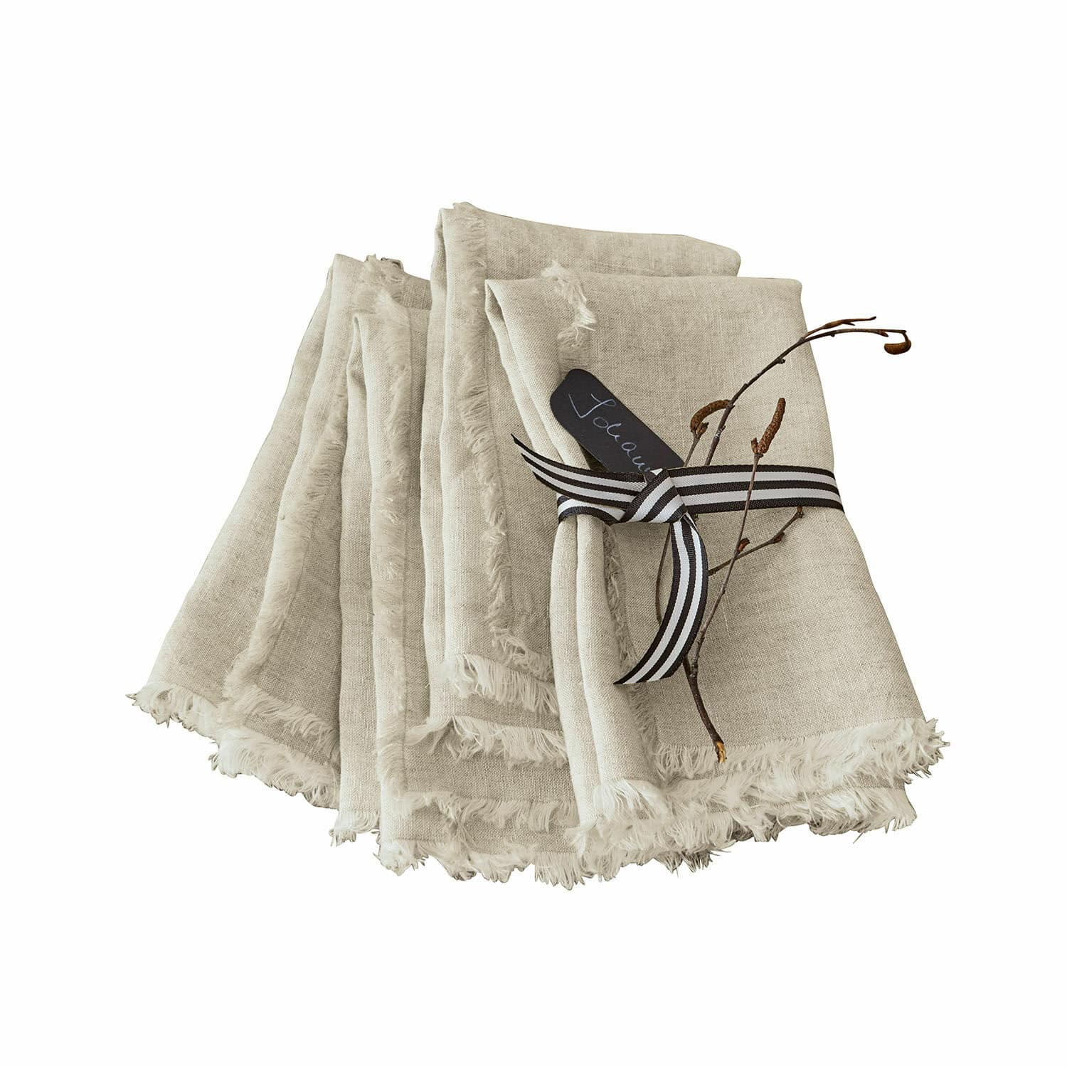 Serviette 4er Set Largo Set aus beigen Leinenservietten mit Fransen und dekorativem Band, Tischtextilien