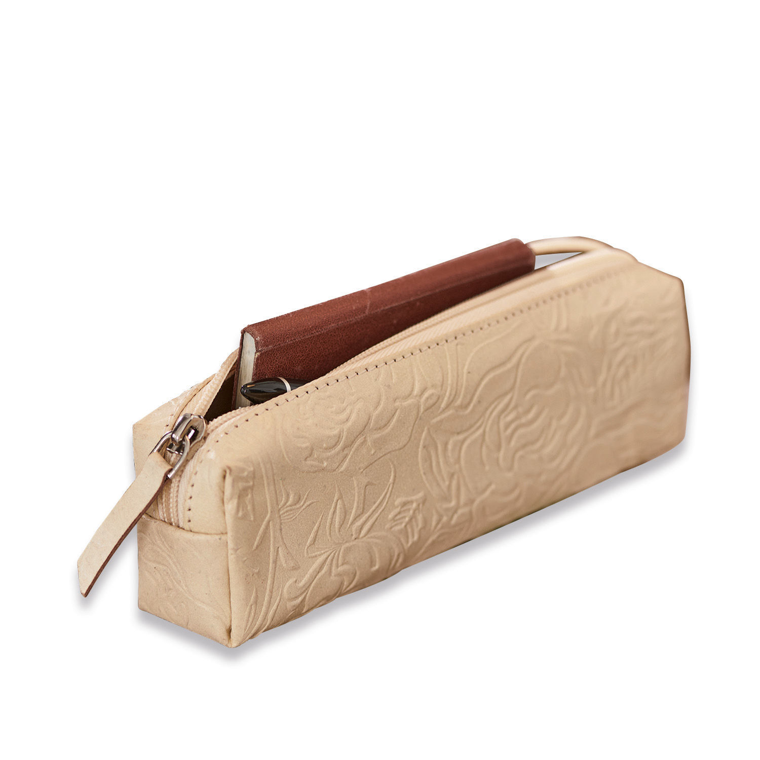 Beige Lederetui mit floralem Präge-Muster, praktischer Organizer für Stifte und Notizbücher
