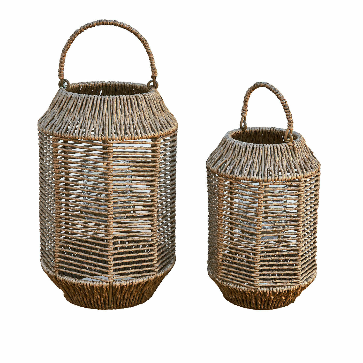 Set aus zwei Rattan-Laternen in Naturfarbe mit Griffen für Wohn- und Gartendekoration