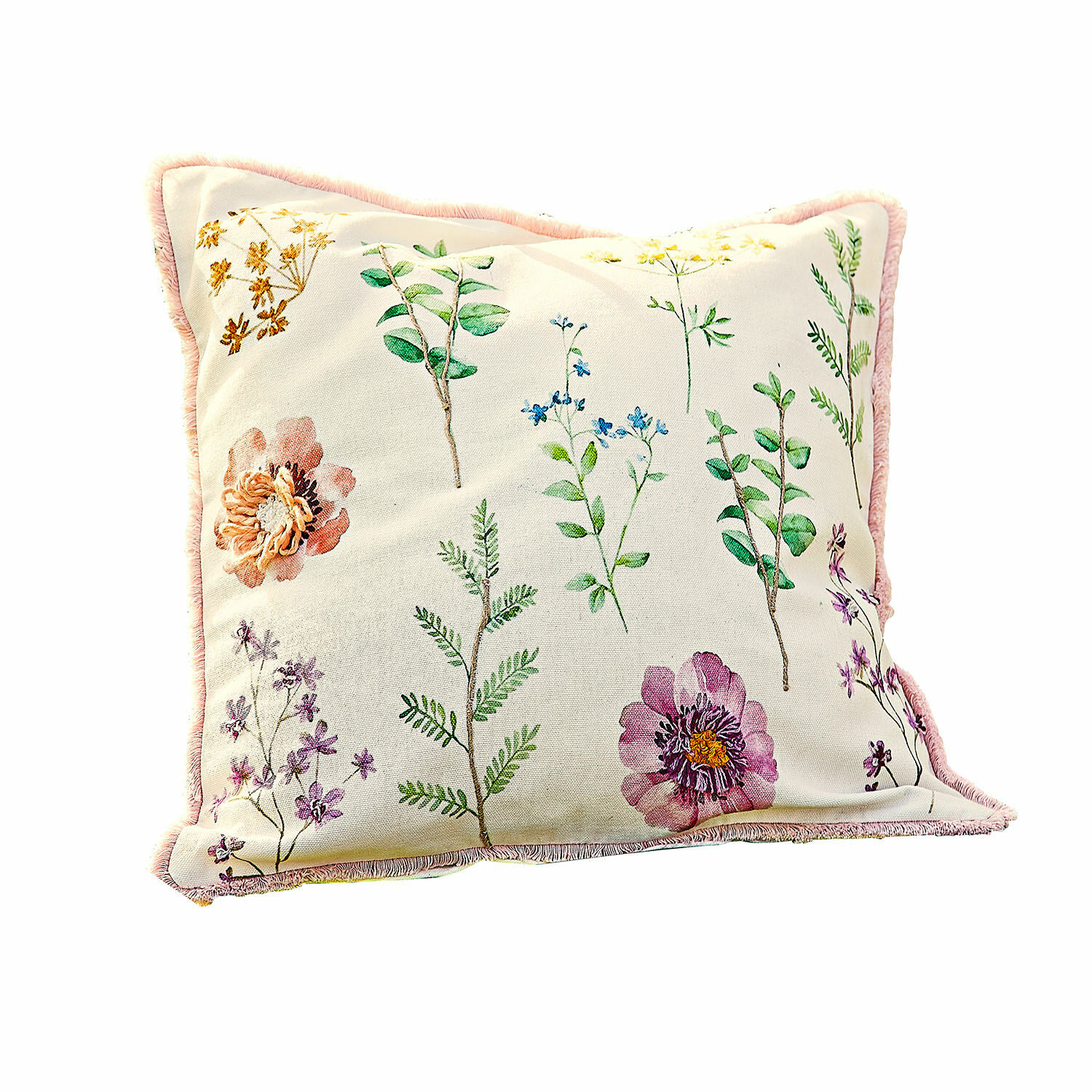 Kissenhülle Fahzoura Dekoratives Baumwollkissen in Creme mit Blumenmuster und rosa Umrandung für Wohnräume