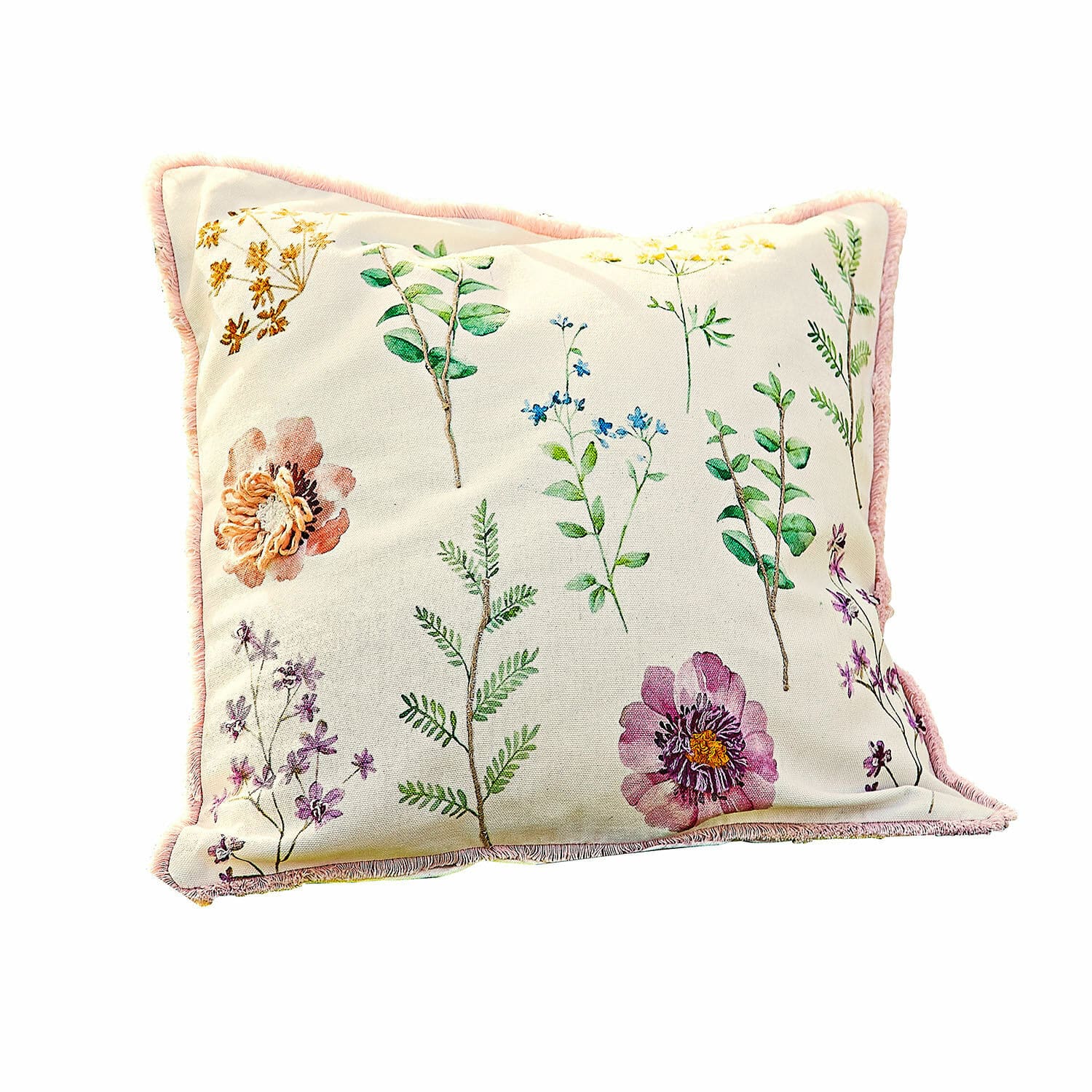 Kissenhülle Fahzoura Dekoratives Baumwollkissen in Creme mit Blumenmuster und rosa Umrandung für Wohnräume