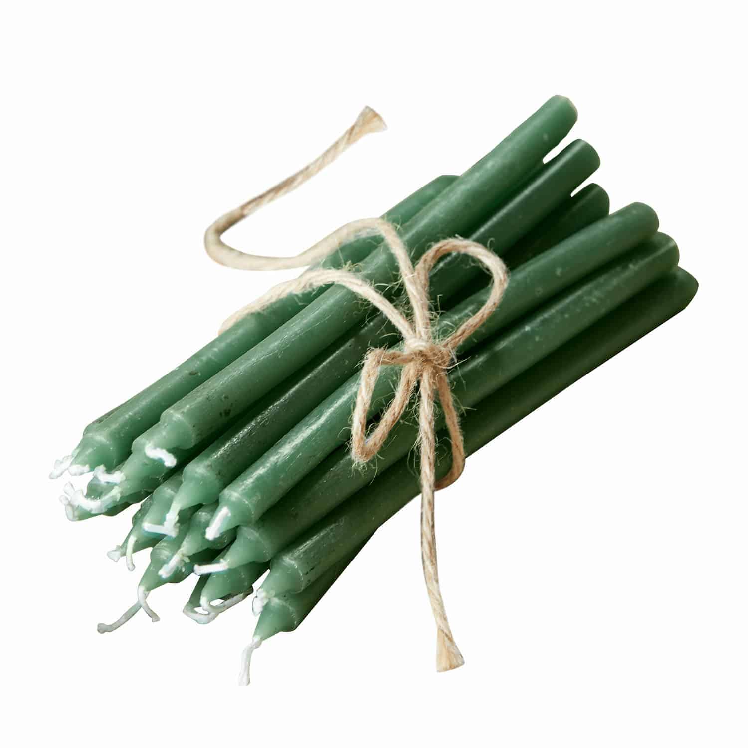 Set aus 20 grünen Stabkerzen, mit Juteschnur gebunden, dekorative Kerzen für Zuhause