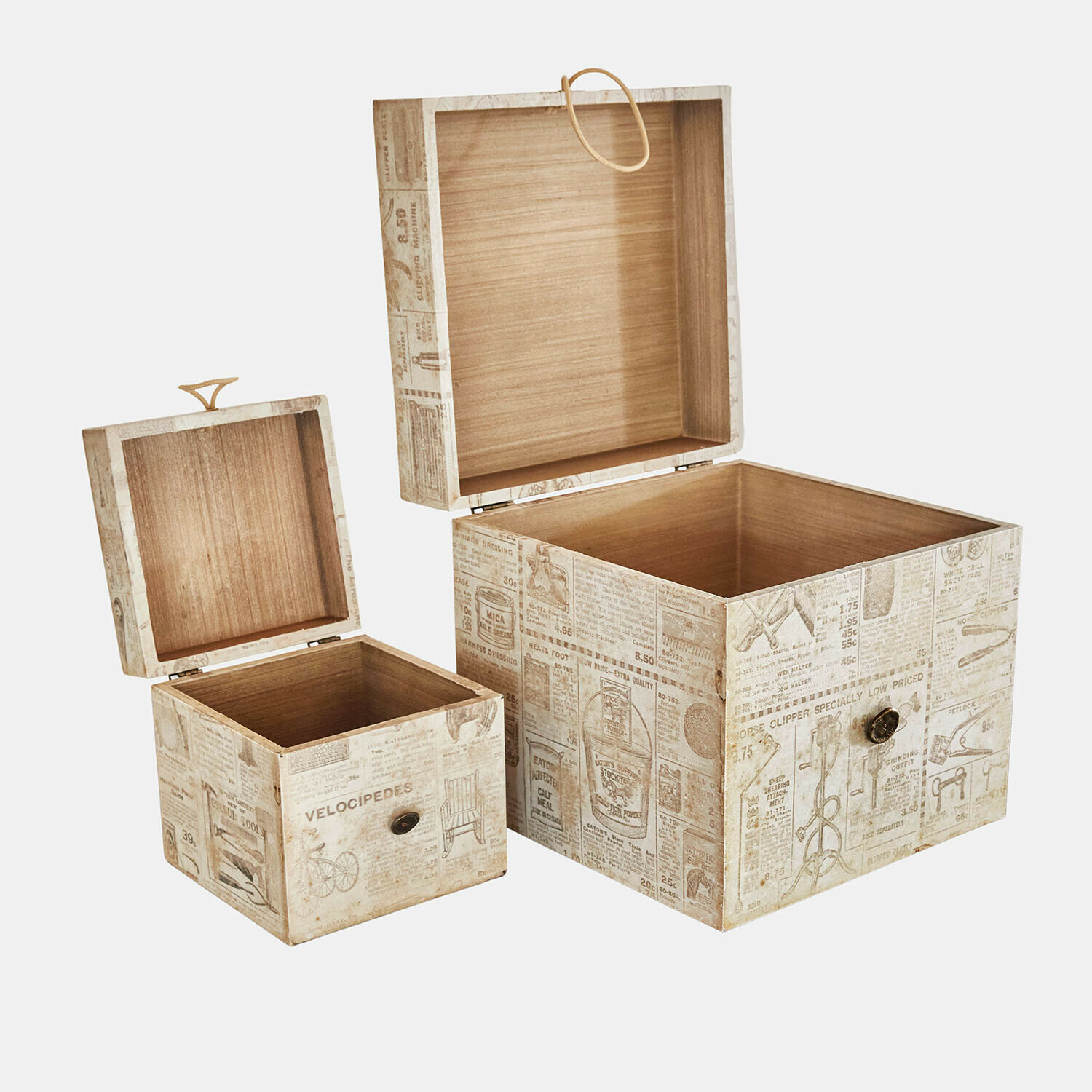 Beige Holzboxen mit Zeitungsdruck, praktische Aufbewahrungslösungen im Vintage-Stil für Zuhause