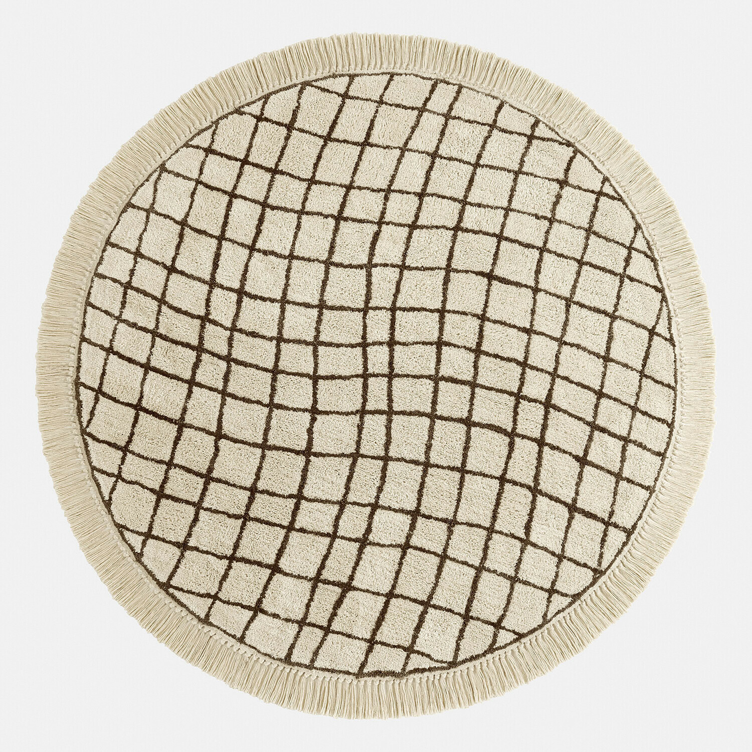 Runder Baumwollteppich in Creme mit braunem geometrischem Muster und Fransenrand