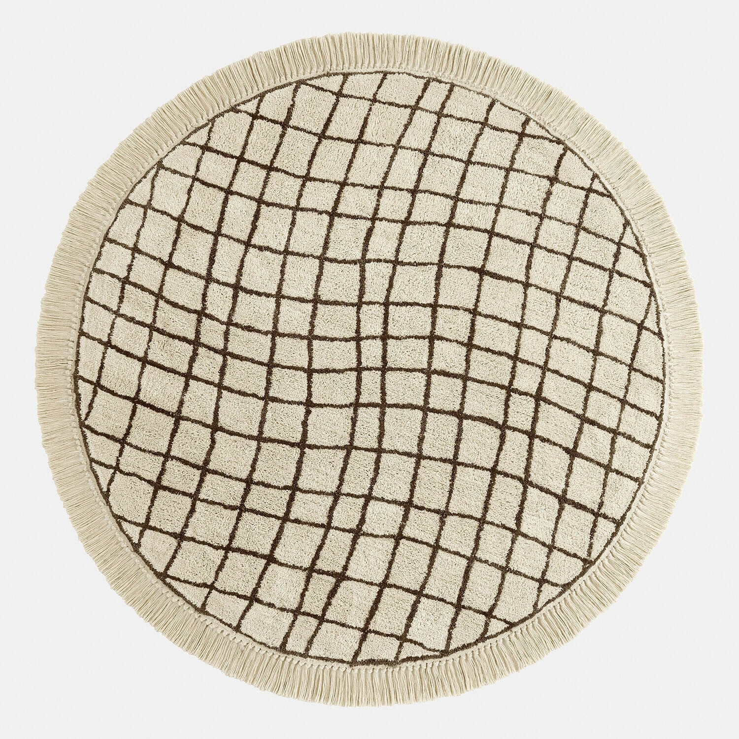 Teppich Puffino Runder Baumwollteppich in Creme mit braunem geometrischem Muster und Fransenrand