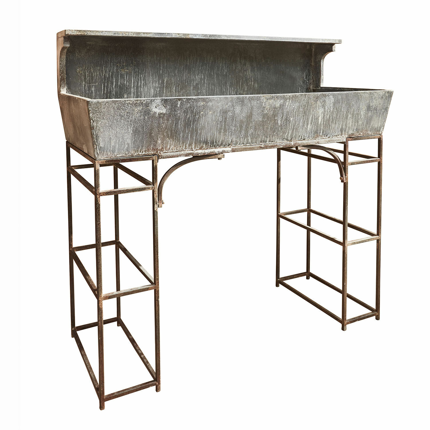 Metall-Pflanzgefäß auf vintage Gestell, grau mit Used-Look, für Garten und Innenbereich