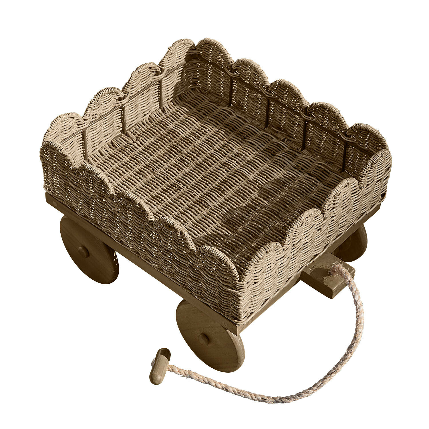 Wagen aus natürlichem Weidengeflecht und Holz mit Zugseil, dekorativ und praktisch