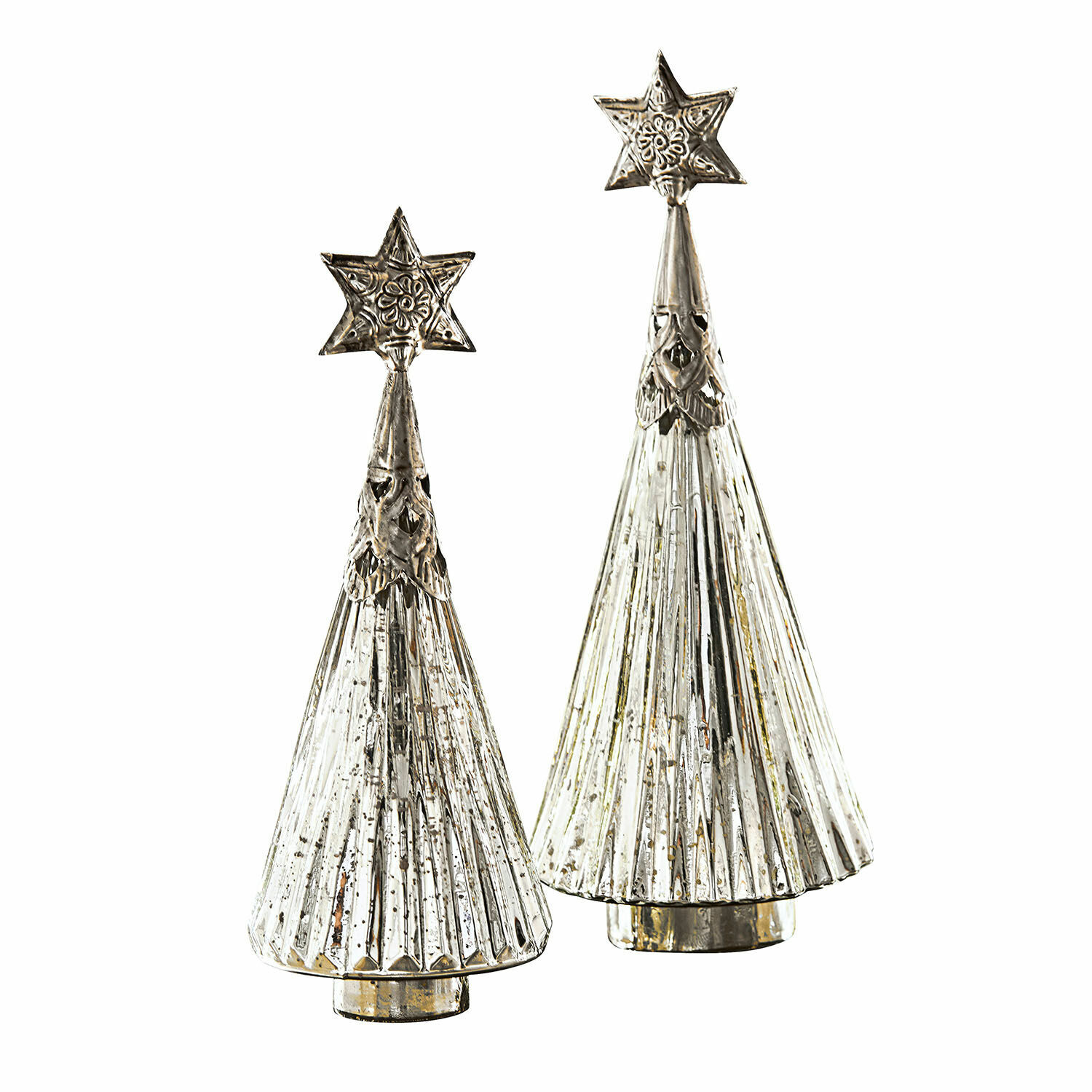Deko-Weihnachtsbaum 2er Set Lillemor Set aus zwei silbernen Metall-Weihnachtsbaumdekorationen mit Sternen an der Spitze