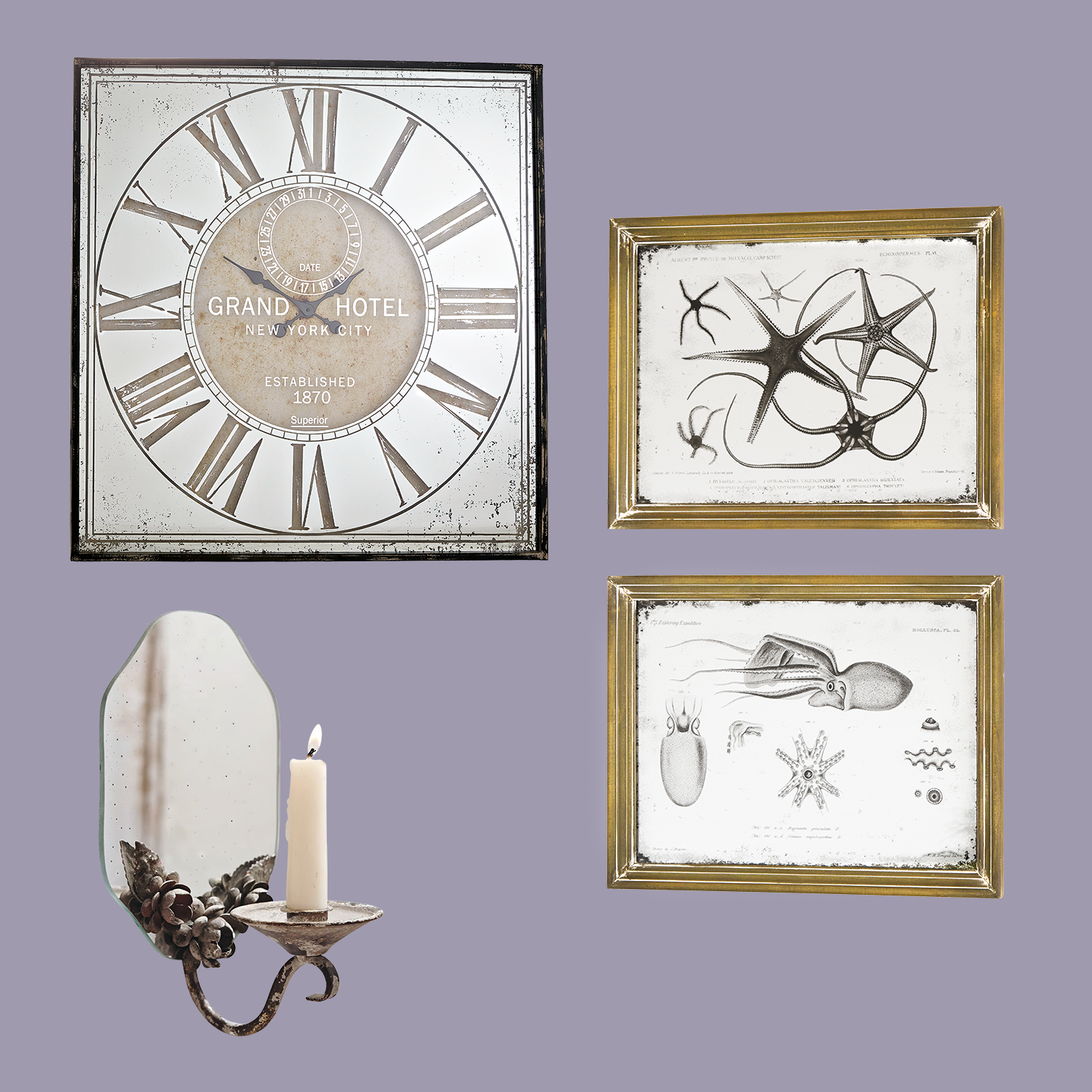 Dekorationsset mit Spiegel, Wanduhr und Kerzenhalter im Vintage-Stil in Beige- und Goldtönen