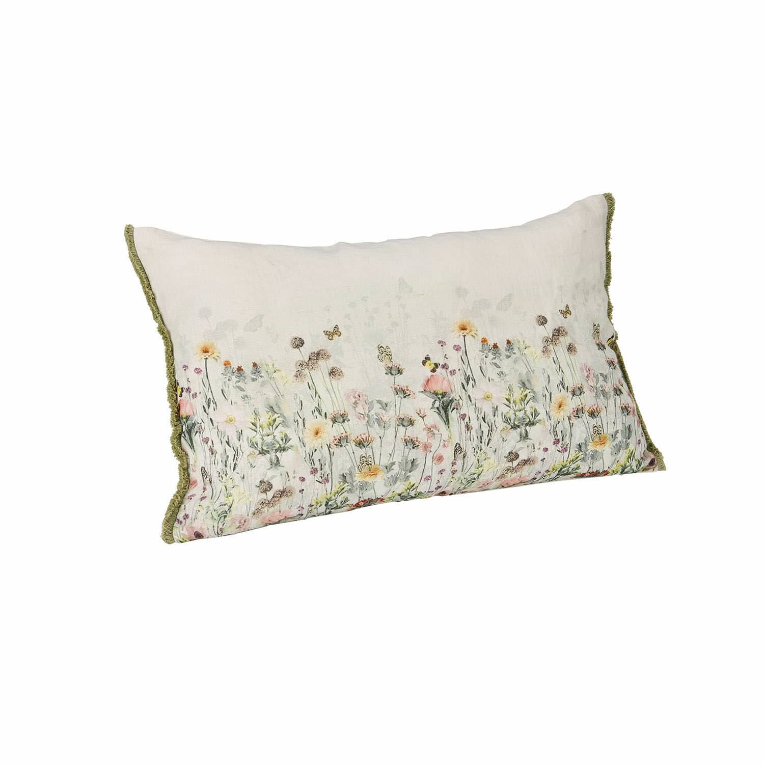 Kissenhülle Yseline Rechteckiges Dekokissen aus Baumwolle in Creme mit Blumenmuster und grünem Besatz für Wohnräume