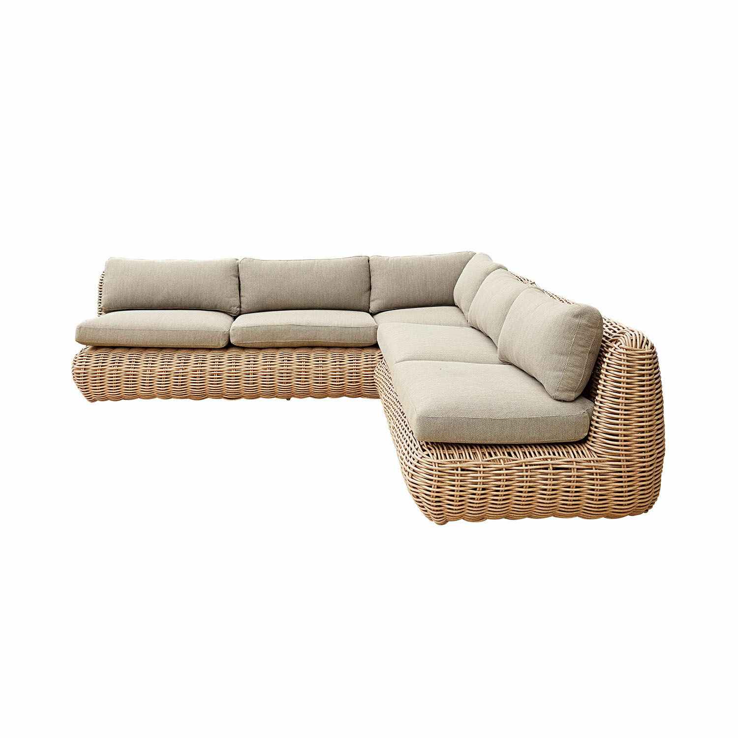 Ecksofa aus Rattan mit beigen Polstern, gemütliches Wohnzimmermöbel aus Naturmaterial