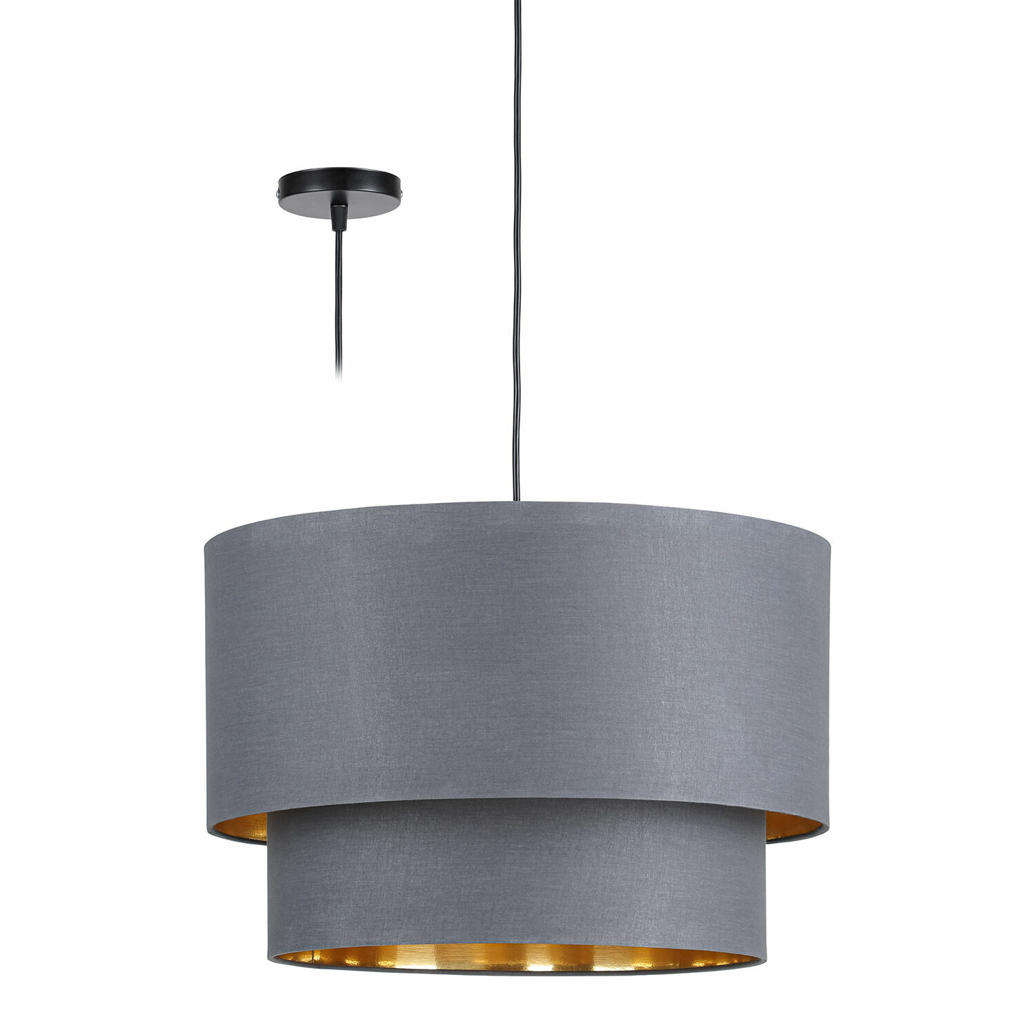 Graue Pendelleuchte aus Stoff mit doppeltem Lampenschirm und goldenem Innenraum für modernes Licht