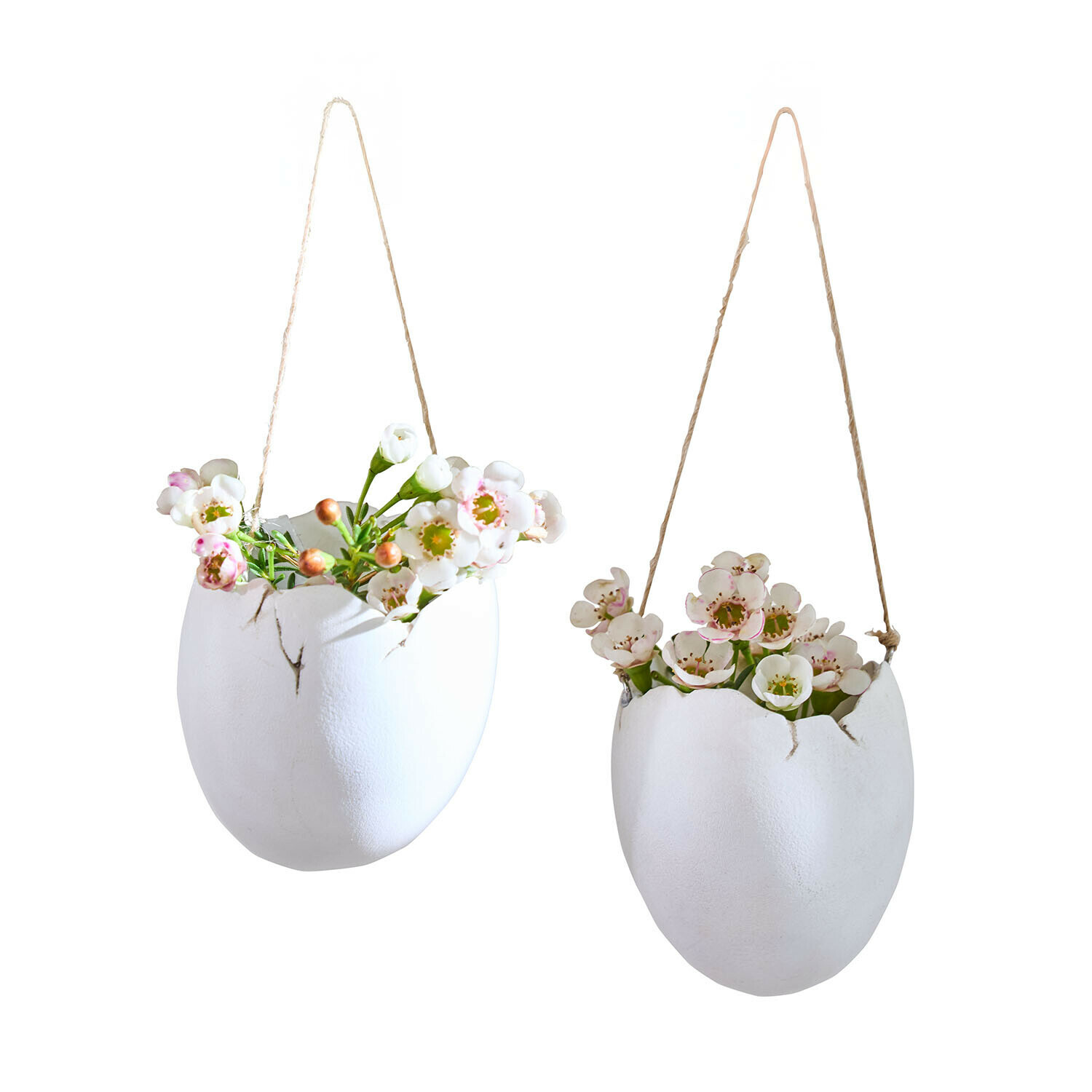 Hängevase 2er Set Nalena Weiße hängende Keramikblumentöpfe in Eierschalenform mit Blumen, Dekoration für Haus und Garten