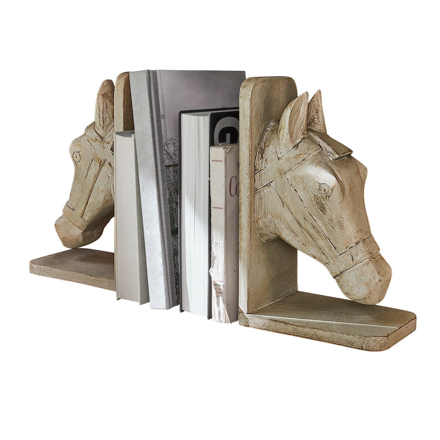 Buchstütze 2er Set Caravena Paar beige Holz-Buchstützen mit Pferdekopf-Motiv, dekorativ und praktisch für Bücherregale