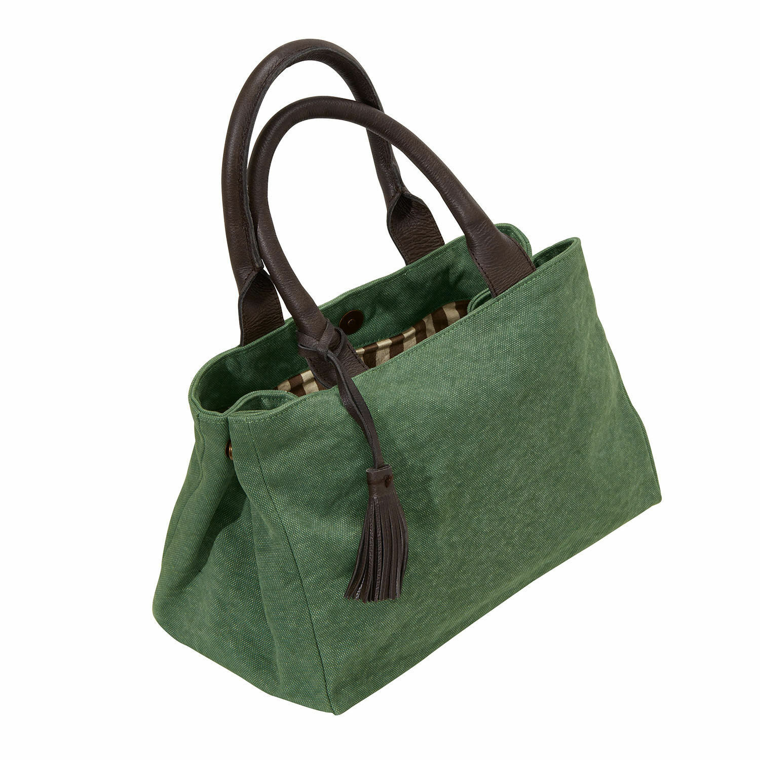 grün Grüne Hoya Tasche aus Stoff mit braunen Ledergriffen und Quaste, praktische Alltagstasche