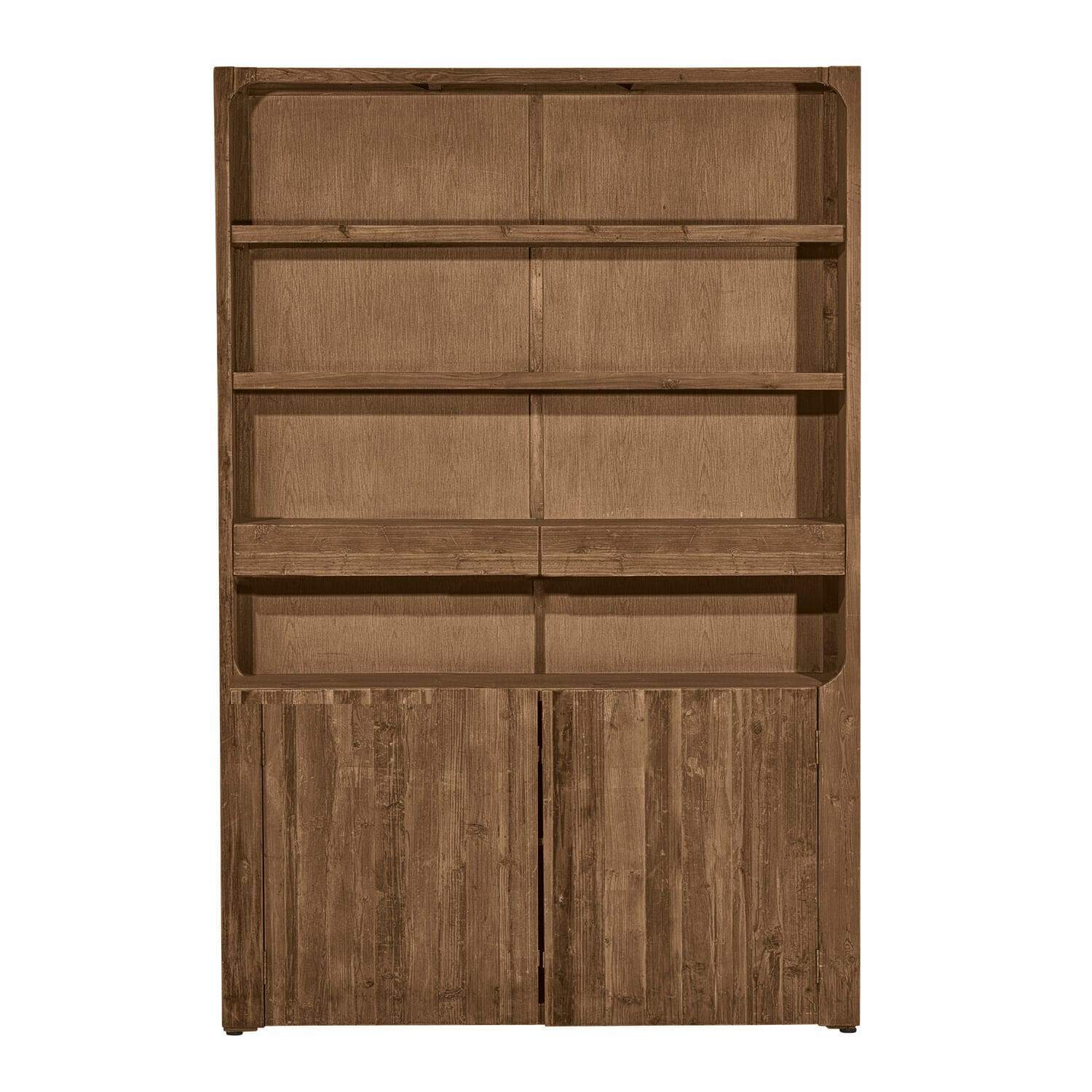 Großer Holzschrank mit offenen Regalen und geschlossenen Türen in natürlichem Braun