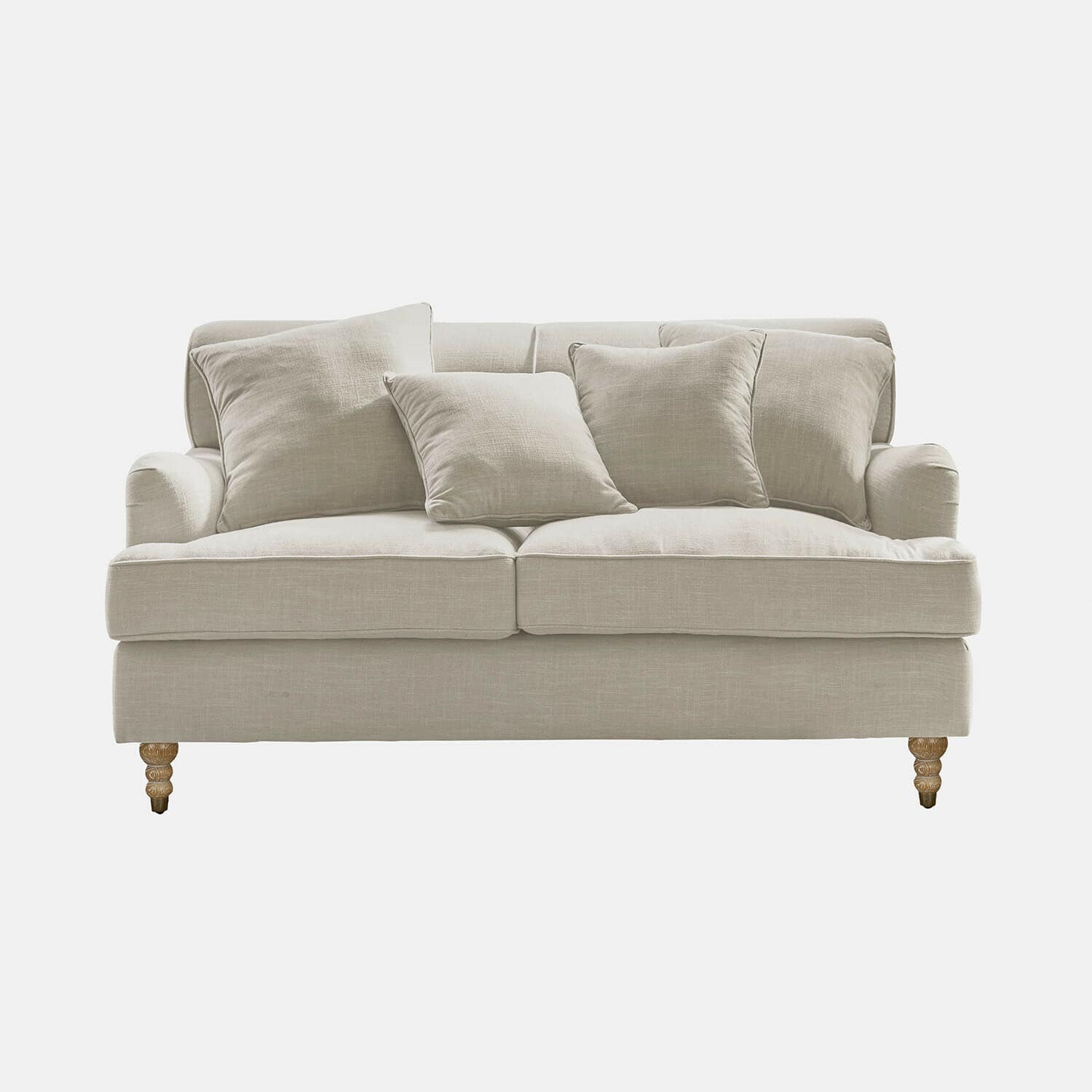 Beiges Sofa aus Stoff mit Kissen und gedrechselten Holzbeinen, bequemes Wohnzimmermöbel