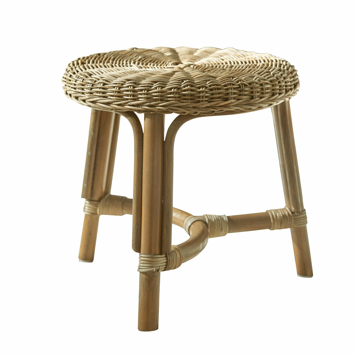 Runder Rattan-Hocker in Naturfarbe mit geflochtenem Sitz, leichter und robuster Wohn- und Gartenstuhl