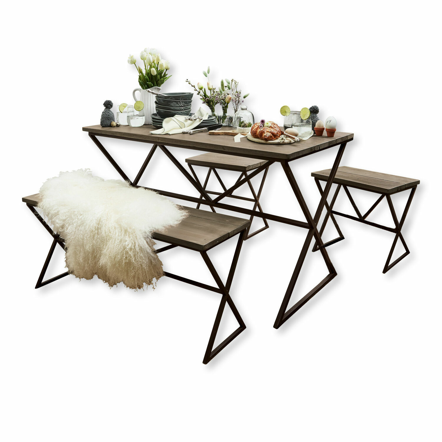 Essgruppe aus braunem Holz und Metall mit modernem Design für das Esszimmer