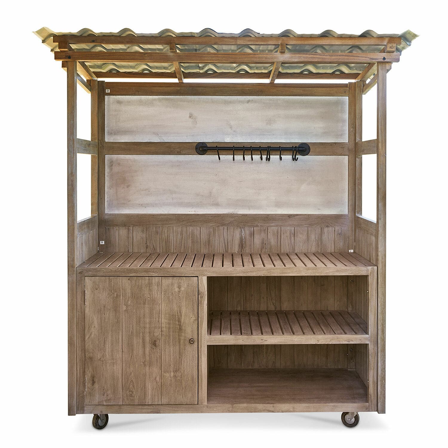 Gartenmöbel aus Holz mit Regalen, Schrank und Rollen, naturfarbener Stauraum für Außenbereich