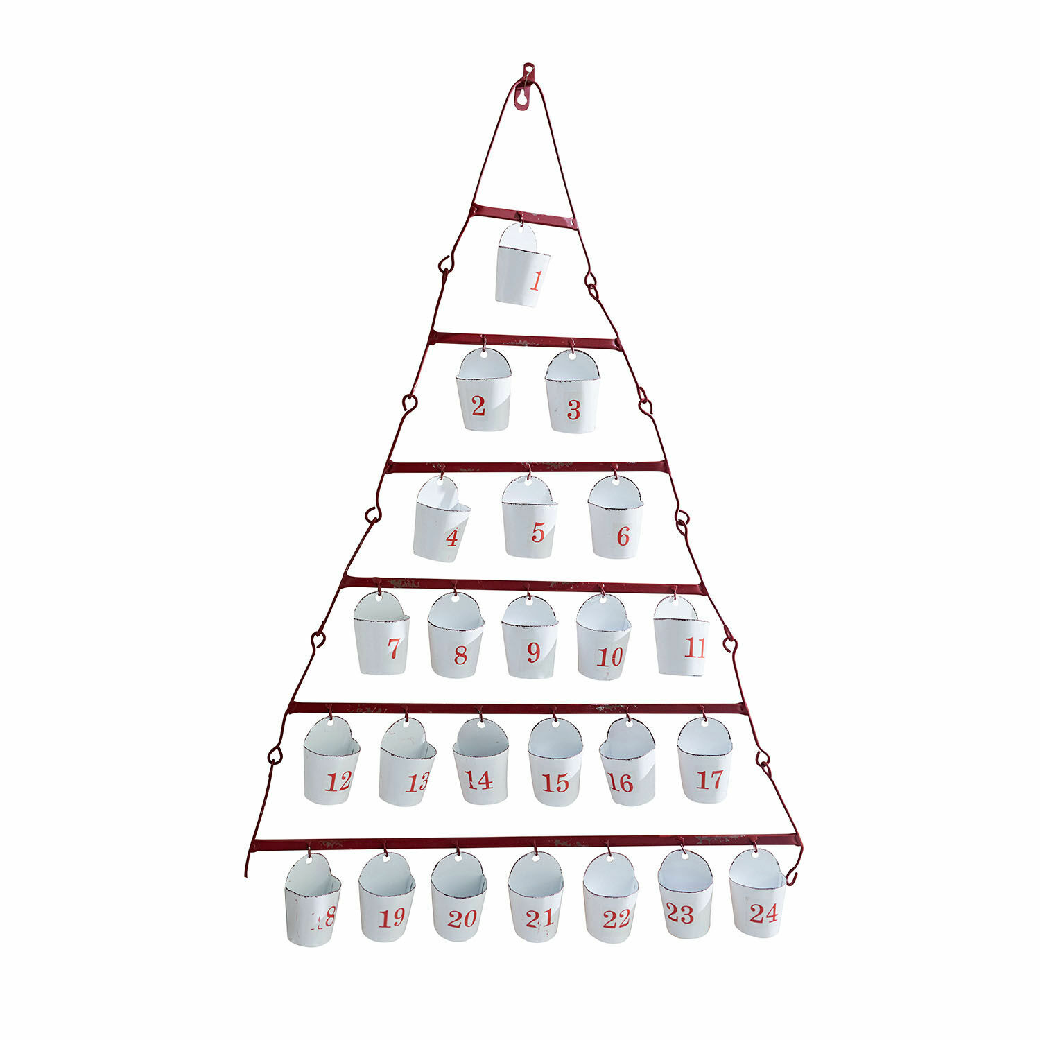 Metall-Adventskalender in Tannenbaumform mit weißen Eimern und roten Zahlen