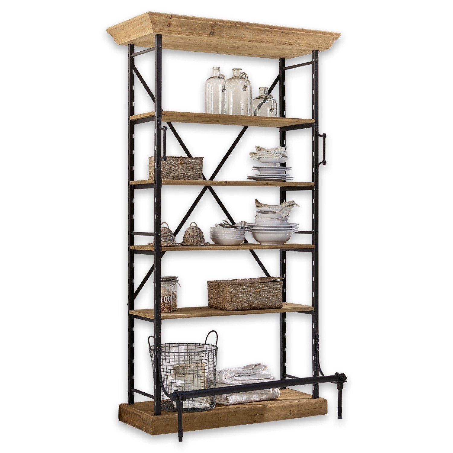 Regal aus Holz und schwarzem Metall in Naturfarben, ideal zur Aufbewahrung im Wohnzimmer oder der Küche