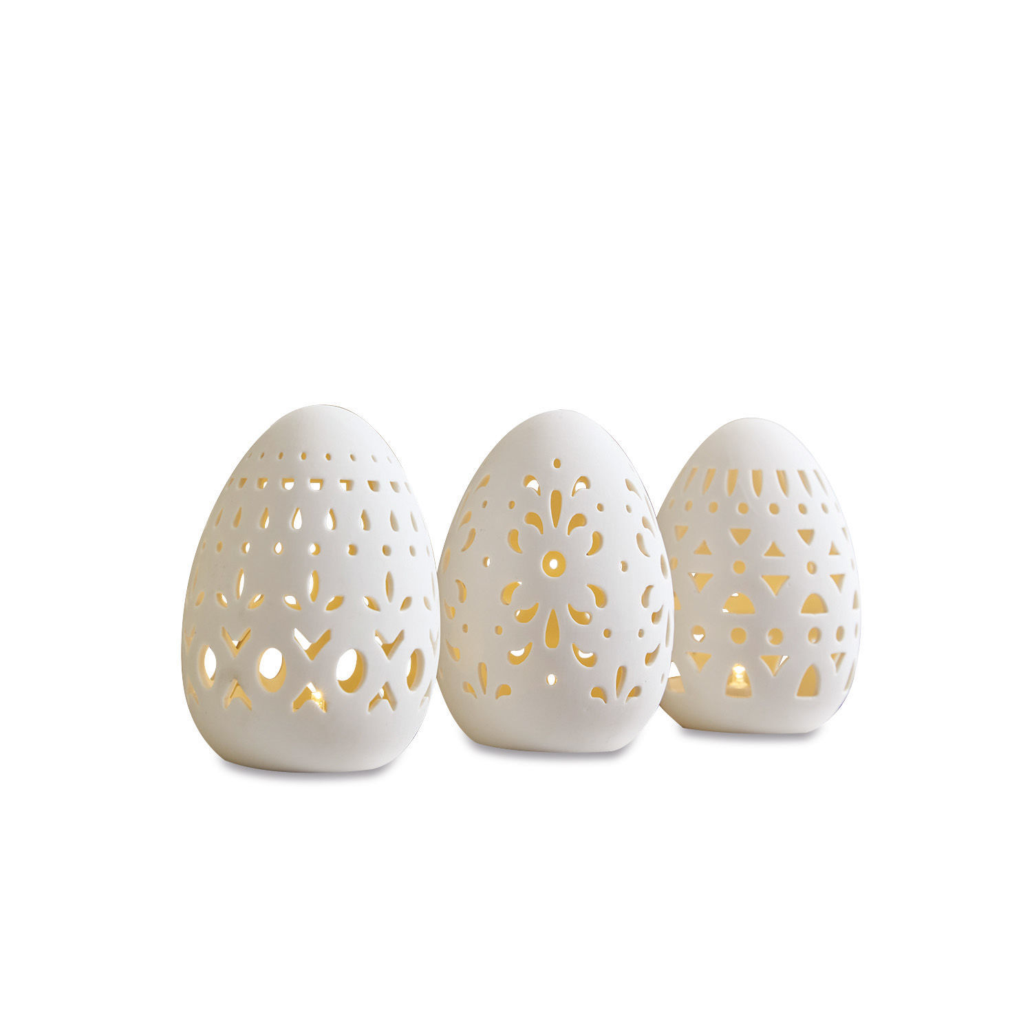 Osterei 3er Set Mouna Drei weiße Keramik-Lampion in Ei-Form mit filigranen Mustern und warmem LED-Licht