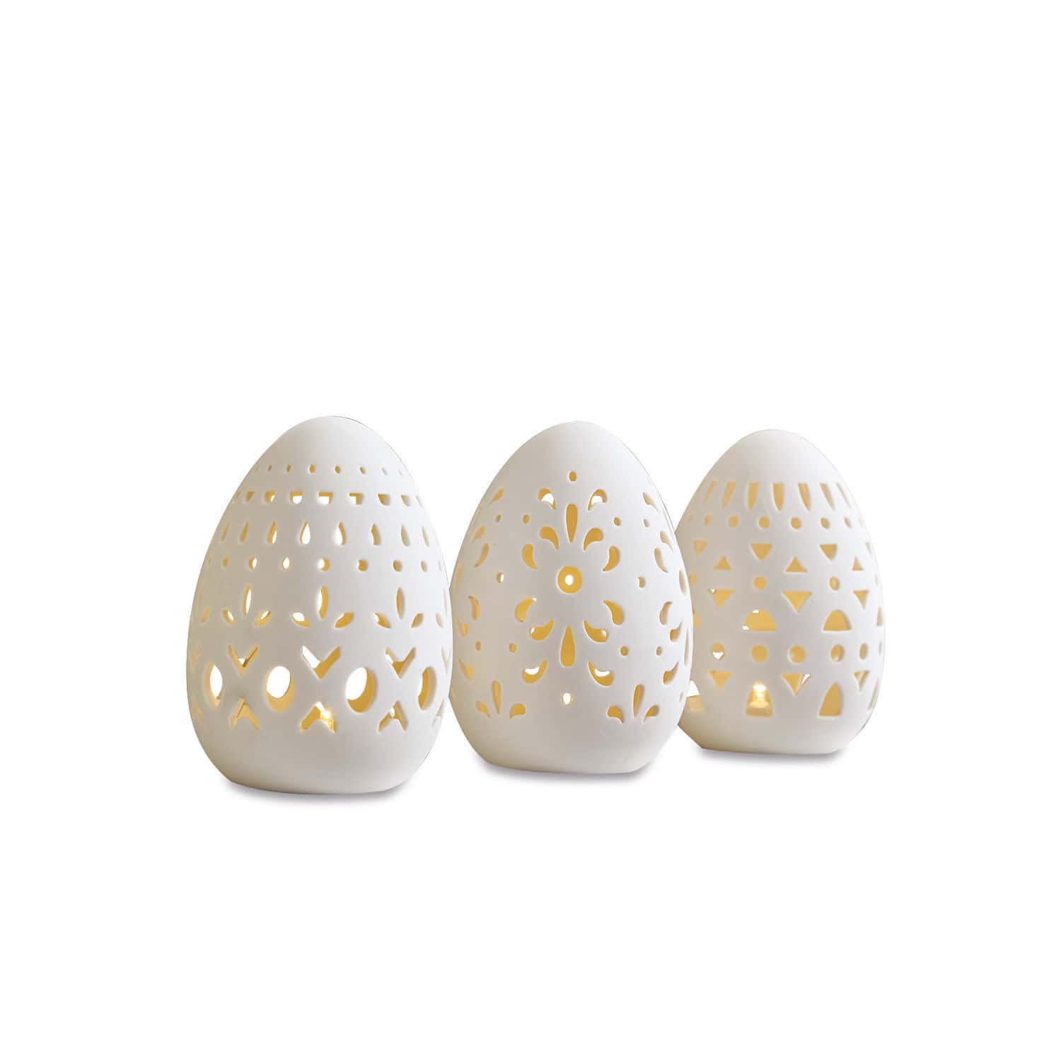 Osterei 3er Set Mouna Drei weiße Keramik-Lampion in Ei-Form mit filigranen Mustern und warmem LED-Licht