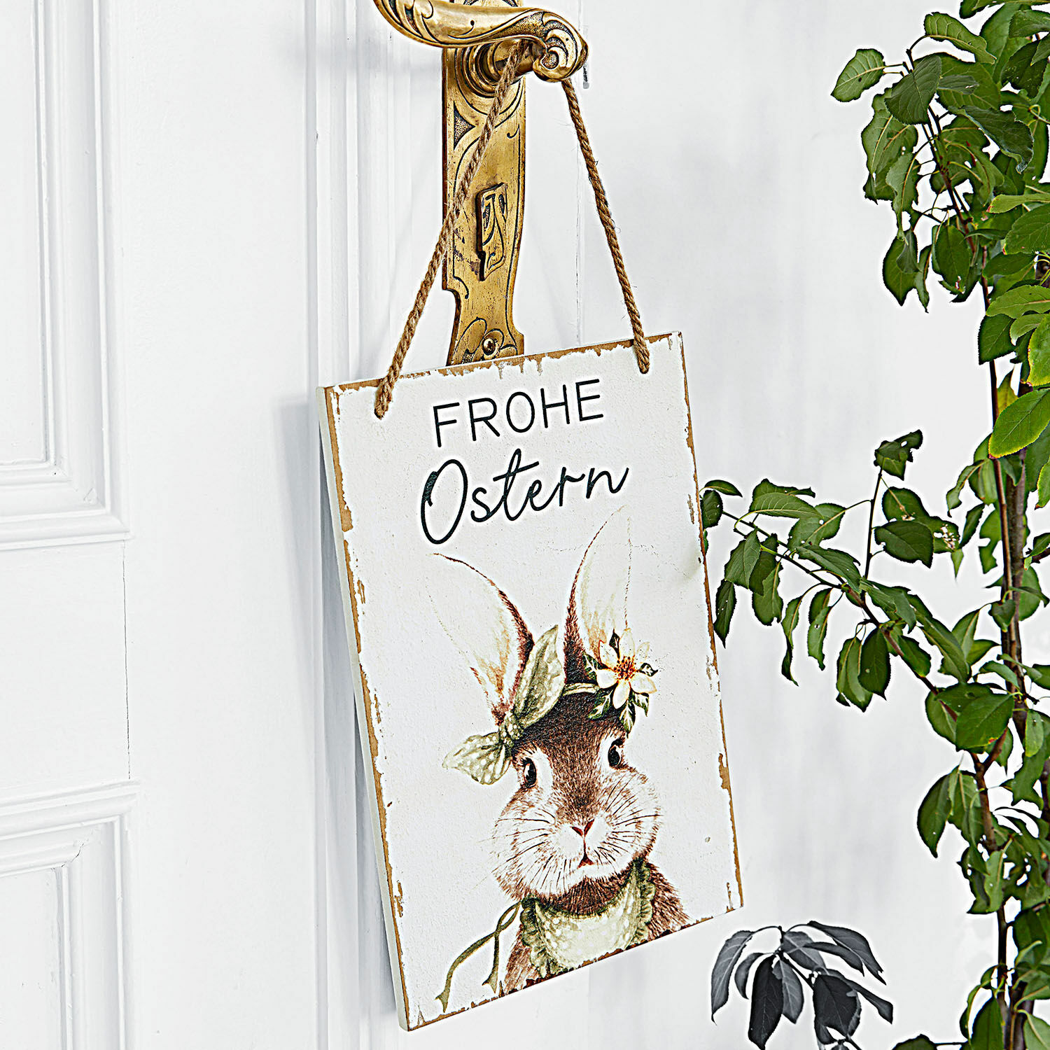 Dekoboard Yonne Weiße Dekotafel mit Frohe Ostern Schriftzug und Hasenmotiv für österliche Wanddekoration