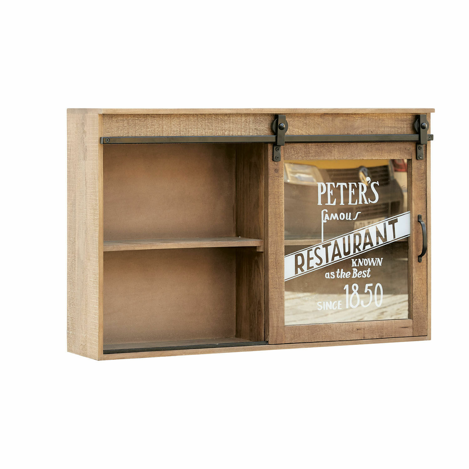 Wandregal aus Holz mit Schiebetür aus Glas und Restaurant-Schriftzug, naturfarbene Holzoptik
