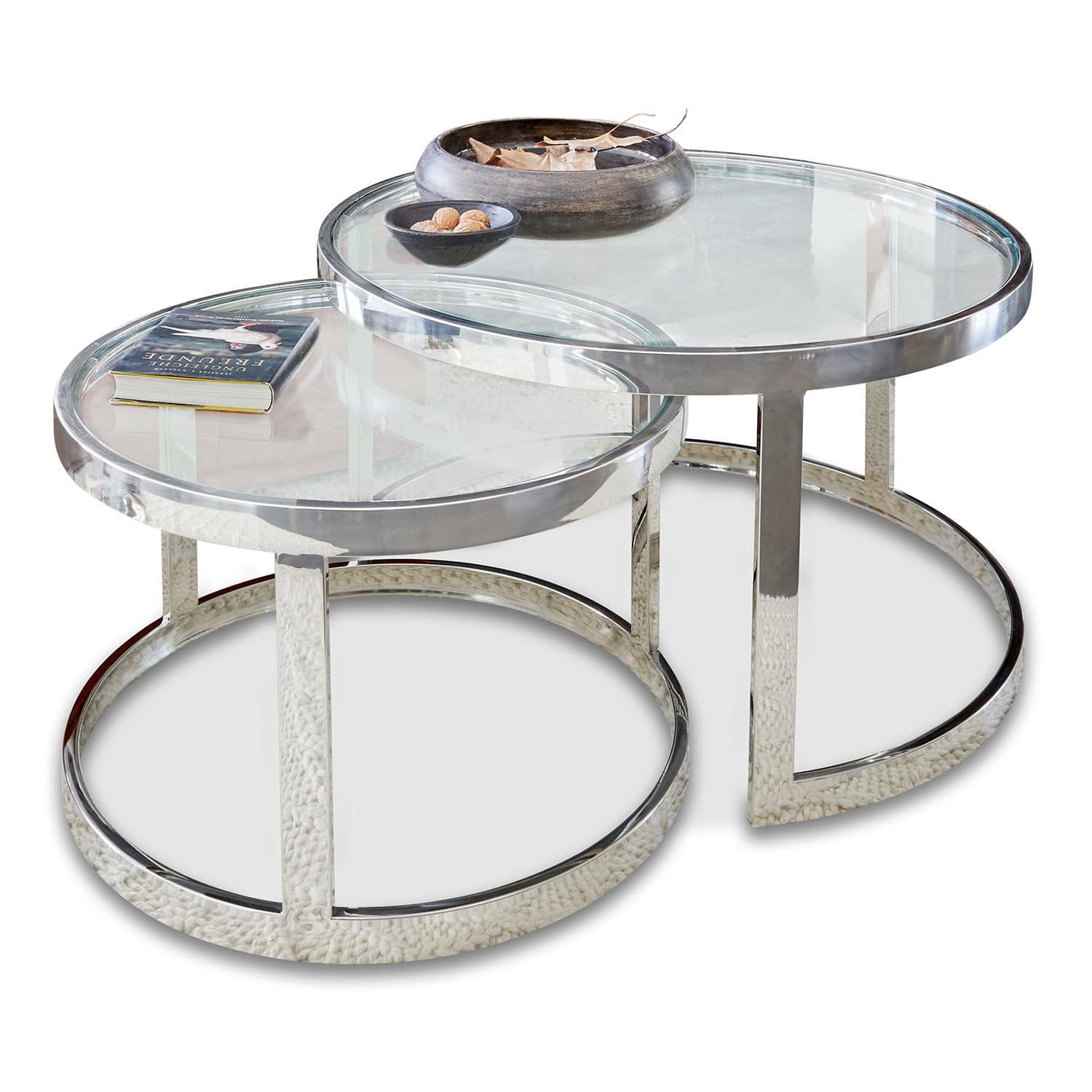 Beistelltisch 2er Set Cibran Set aus zwei runden Couchtischen mit Glasplatte und chromiertem Stahlgestell, modern