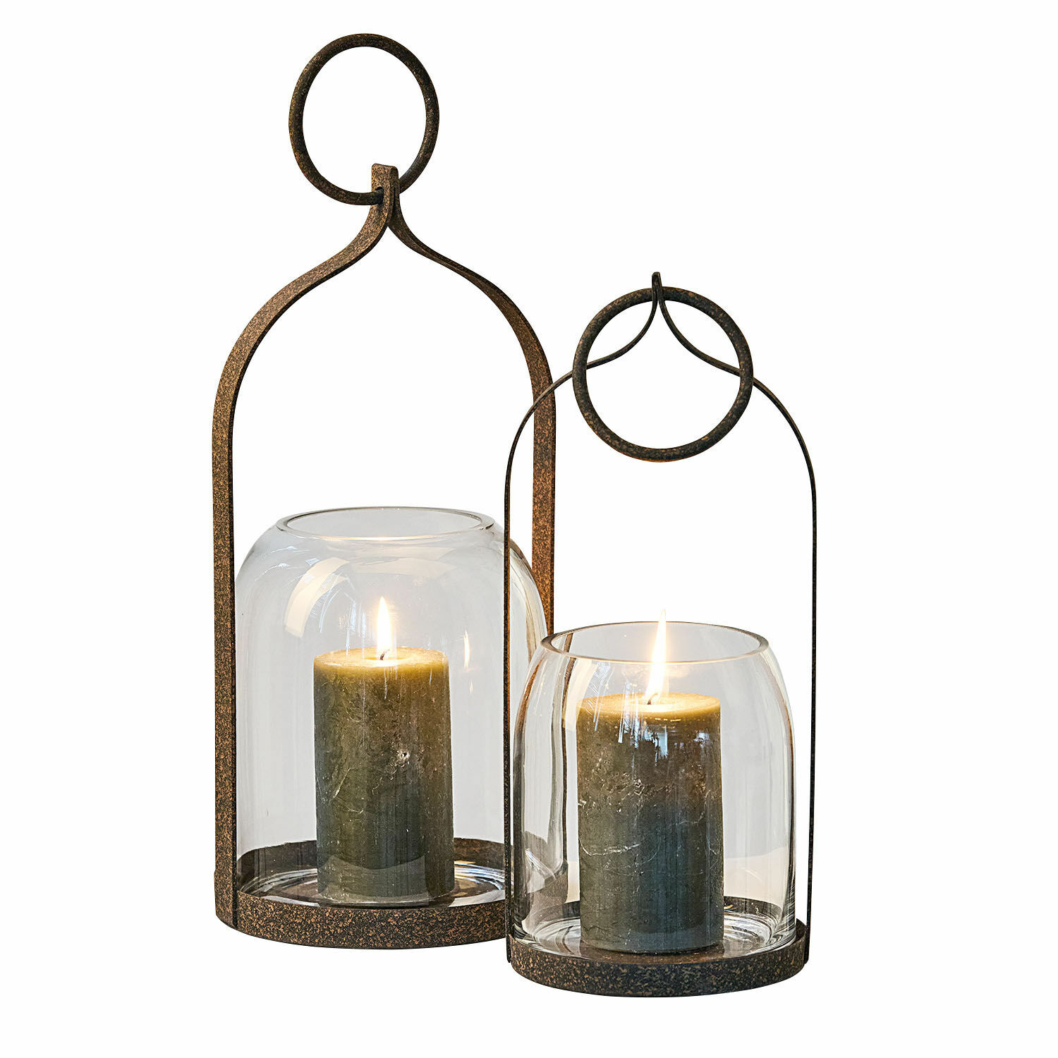 Laterne 2er Set Farazad Set aus zwei Laternen aus rostigem Metall und Glas mit grünen Kerzen, Wohnaccessoire