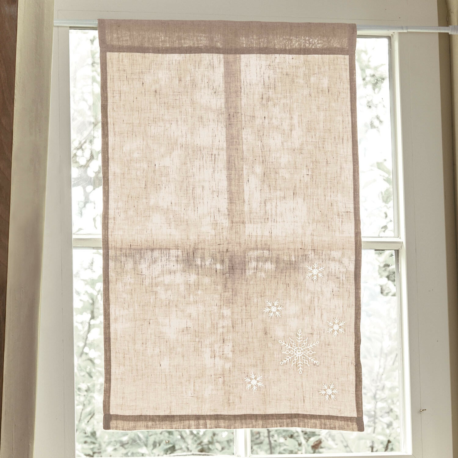 Scheibengardine Ruspi Beige Leinen-Rollo mit Schneeflocken-Motiv, leichter Sichtschutz für Fenster im Wohnraum