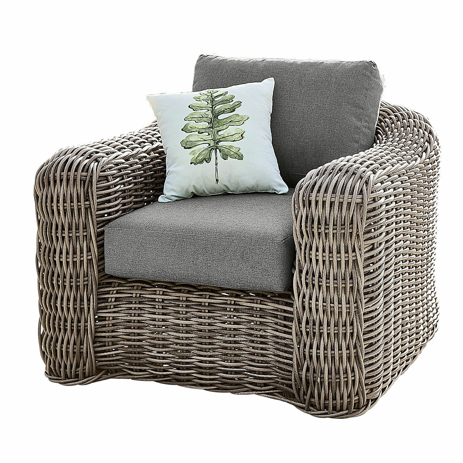 Sessel Upminster Grau geflochtener Rattansessel mit grauem Polster und dekorativem Blattkissen, Gartenmöbel