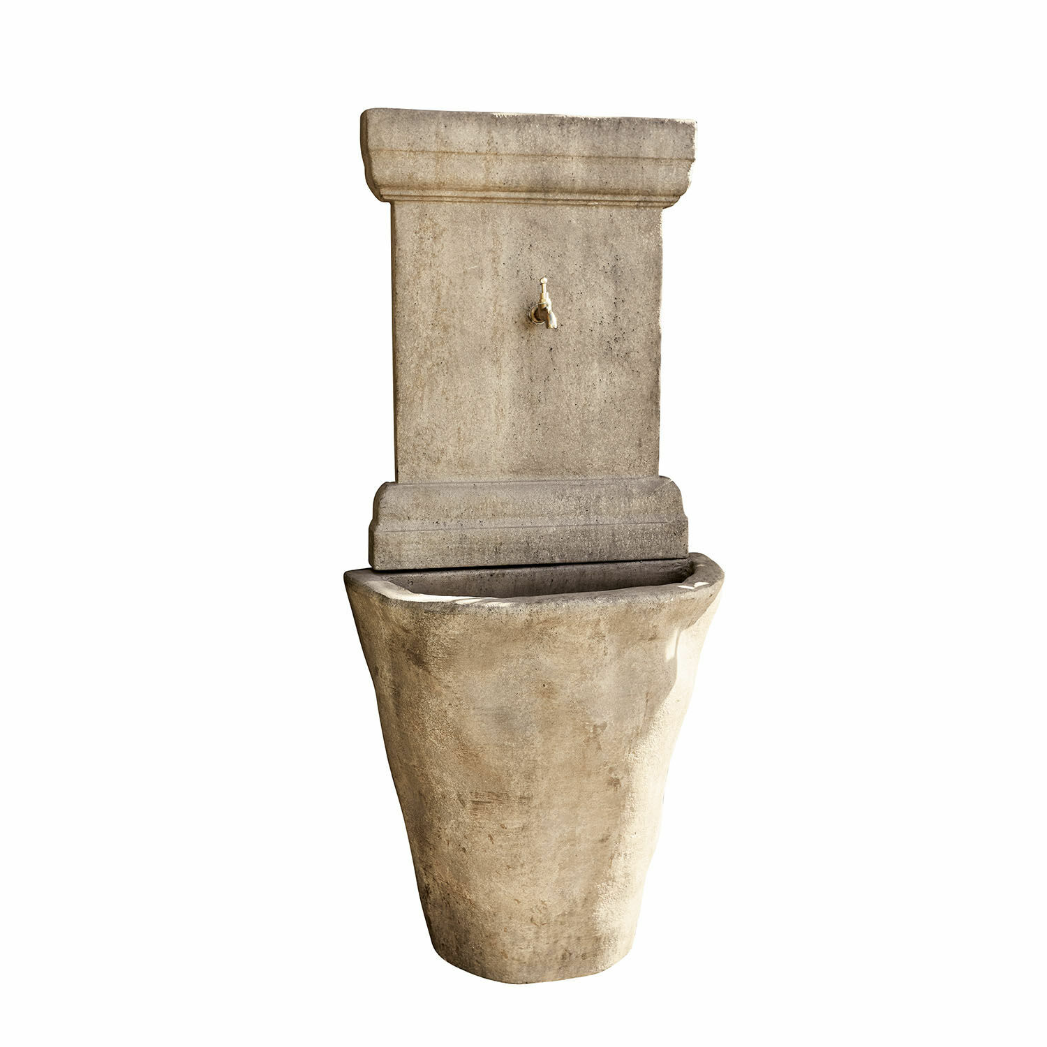 Dekorativer Gartenbrunnen aus beigem Stein mit Messinghahn für Gartendekoration