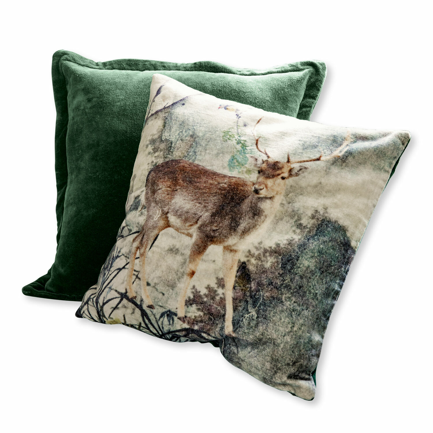 Set aus zwei Dekokissen, ein grünes Samtkissen, eines mit Hirschmotiv in Naturfarben