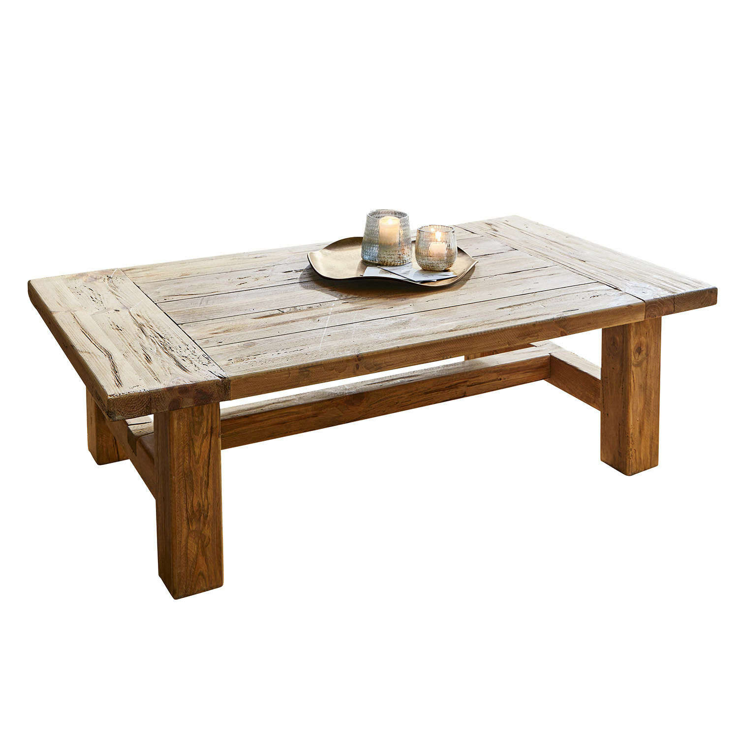 Couchtisch Oteley Couchtisch aus natürlichem Teakholz mit dekorativem Tablett und brennenden Kerzen