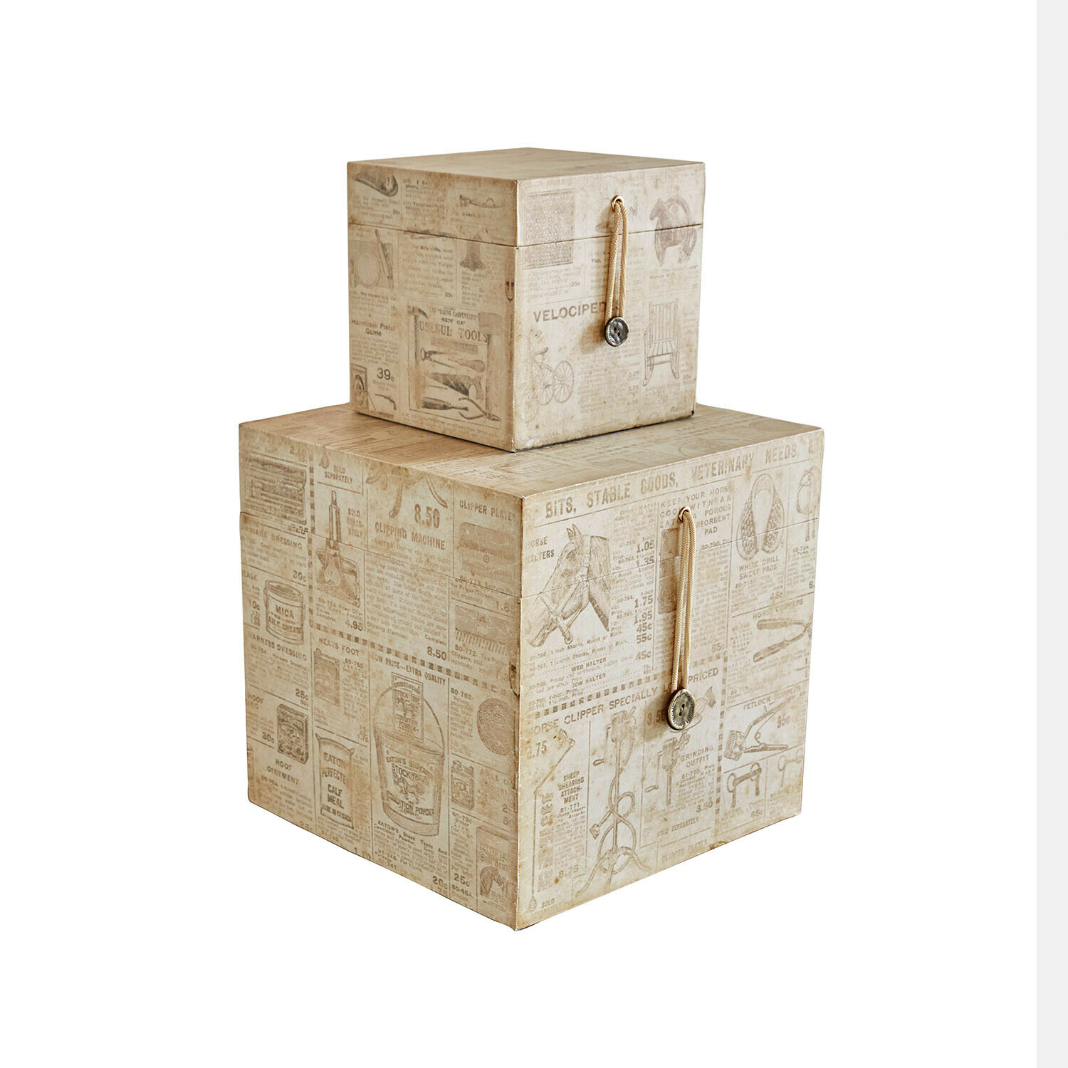 Set aus zwei dekorativen Aufbewahrungsboxen in Beige mit Vintage-Druck für Ordnung
