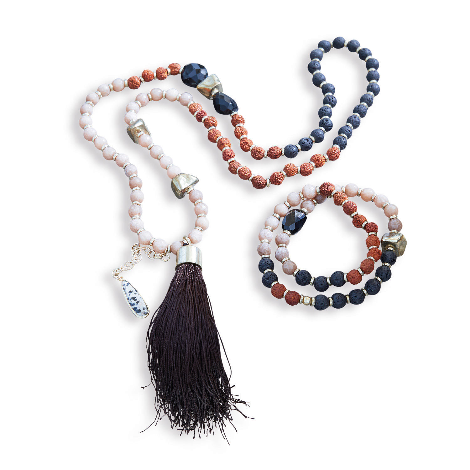 Halskette und Armband aus Perlen in Blau, Braun und Rosa mit Quaste und Schmucksteinen