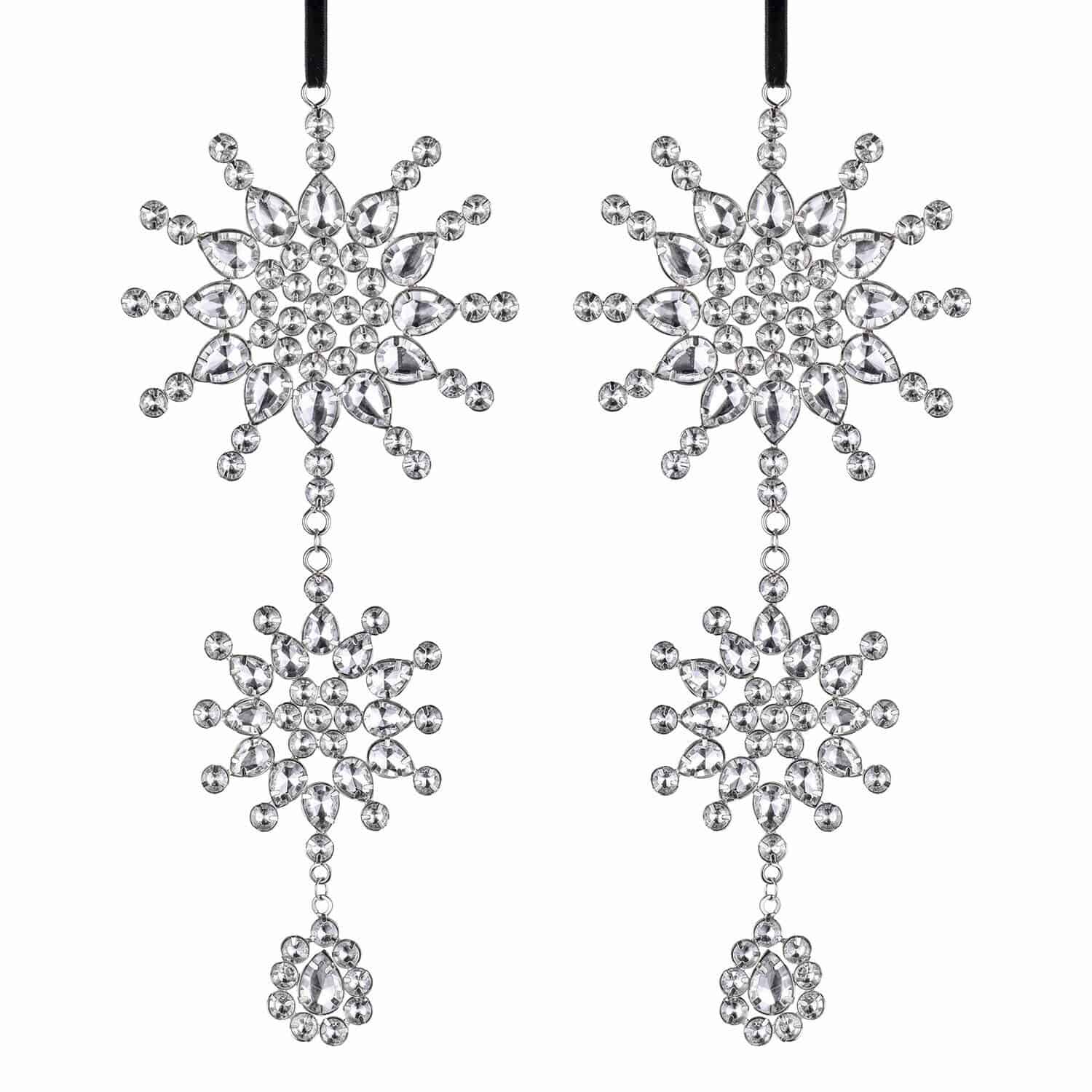 Weihnachtsanhänger 2er Set Klerven Dekorative Schneeflockenanhänger aus transparenten Kristallen an schwarzen Bändern, Weihnachtsdeko