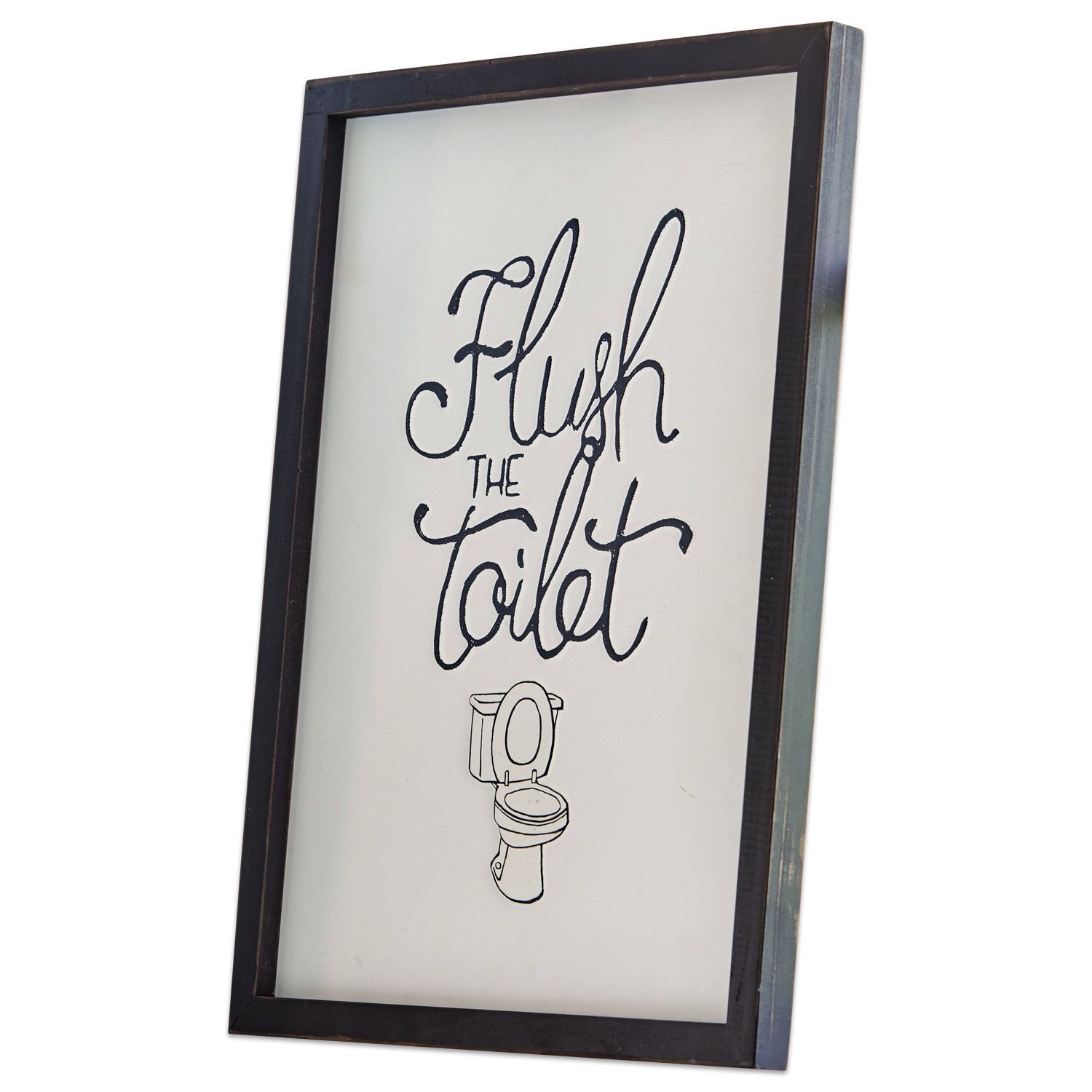 Dekorative Tafel mit schwarzem Rahmen und Schriftzug Flush the toilet mit Toilettenzeichnung