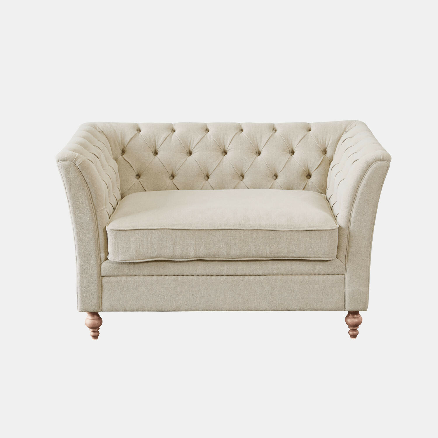 Beiges Sofa aus Stoff mit gesteppter Rückenlehne und Holzbeinen, elegantes Wohnzimmermöbel